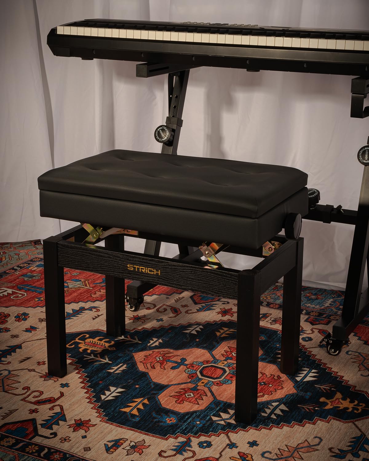 STRICH Adjustable Piano Bench with Storage, Wooden Keyboard Bench with Bookcase Stool Chair Seat with High-Density Sponges Cushion for Piano Shop Music School Studio, Black, SPB-20