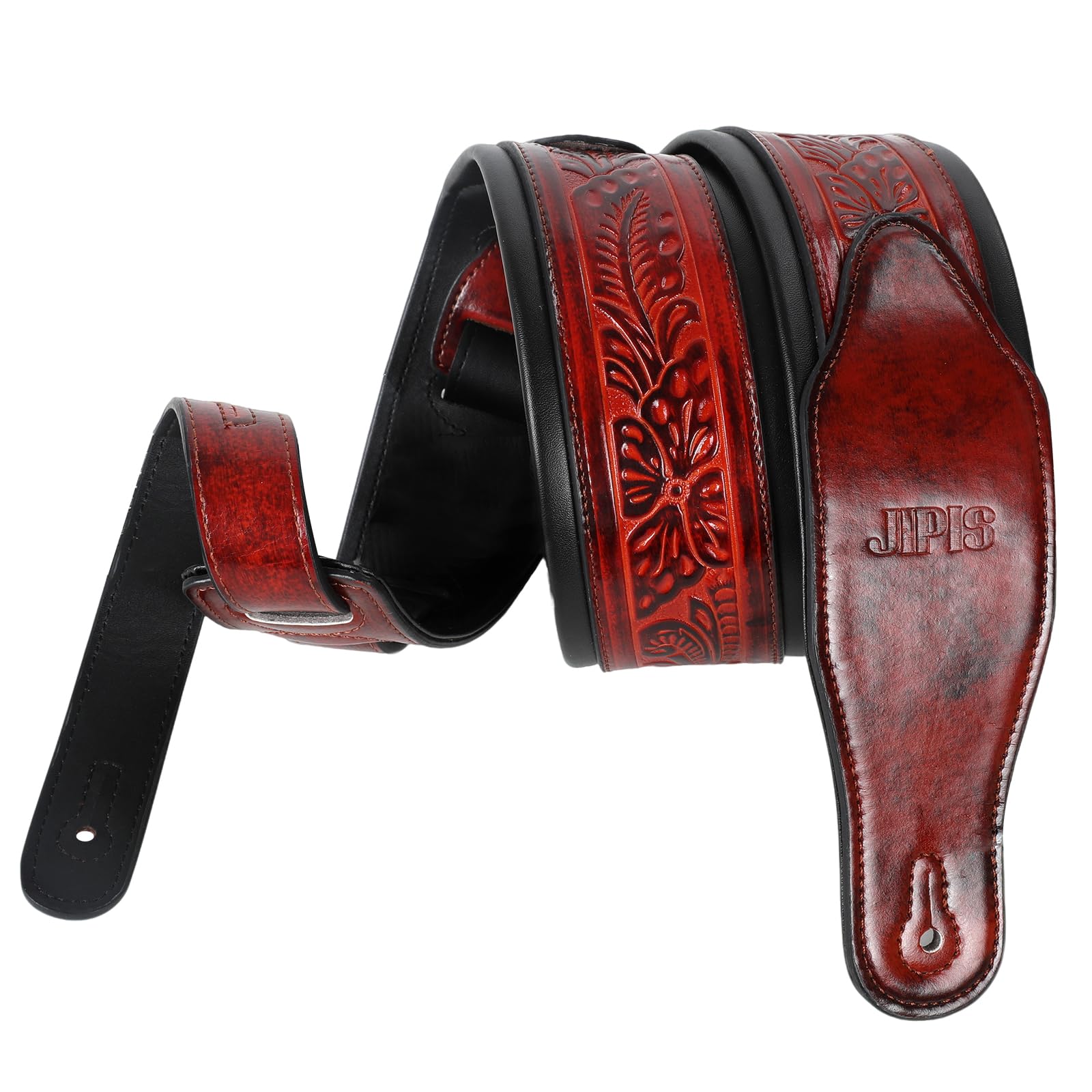 JIPIS Leather Guitar Strap,Vintage Bourbon Brown,2.75″ Handmade Padded Strap Classic Pattern for Bass,Electric&Acoustic Guitars (Medium Bourbon Brown)