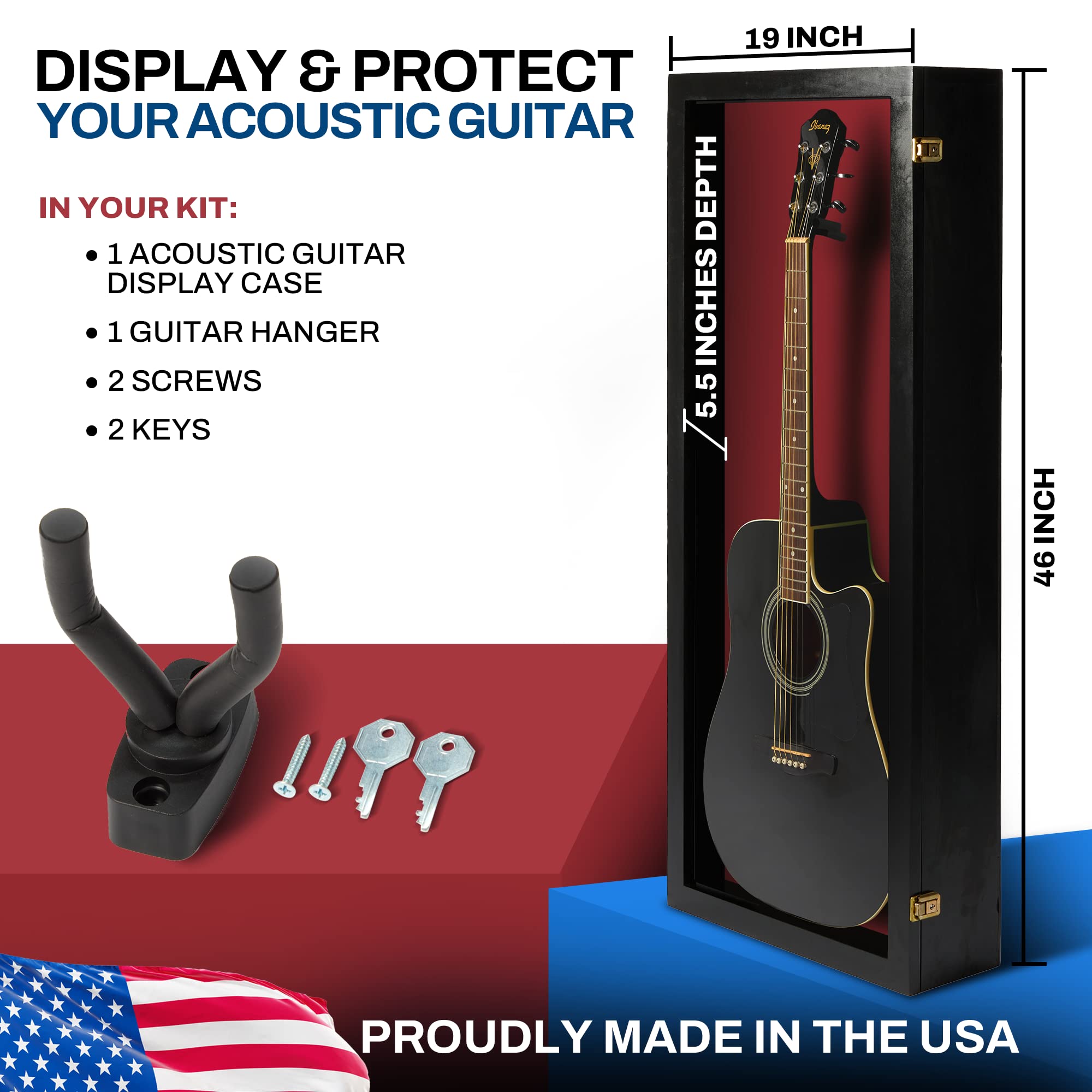 PENNZONI Acoustic Guitar Display Case – Acrylic Acoustic Guitar Case – Guitar Display Case Wall Mount Made from Hardwood Frame & Clear Acrylic – Black w/Red Felt