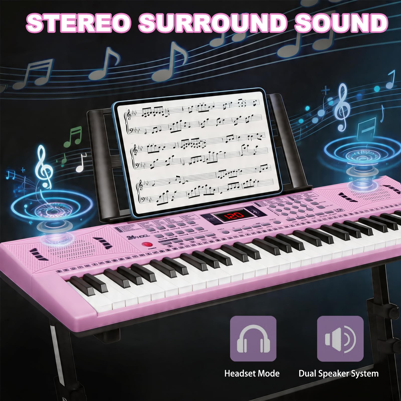 Electronic Keyboard Piano 61 Lighted Keys for Kids (Pink with Stand)
