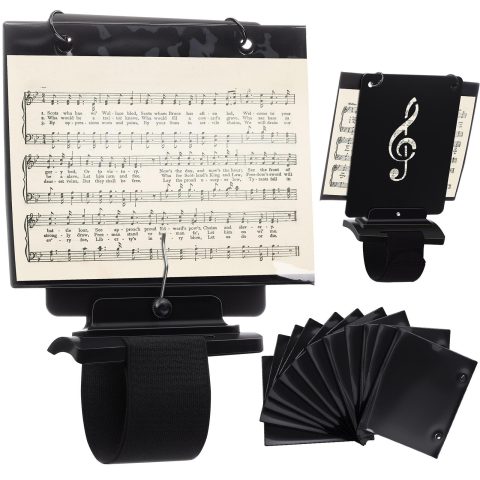 Canlierr Flute Lyre Flip Folder for Marching Band, 12 Pcs Waterproof 7.5 x 6.5 inches Double Sided Flip Folio Folder Pages with 2 Holes Adjustable Sheet Music Stand Holder for Clarinet Trumpet (Black)