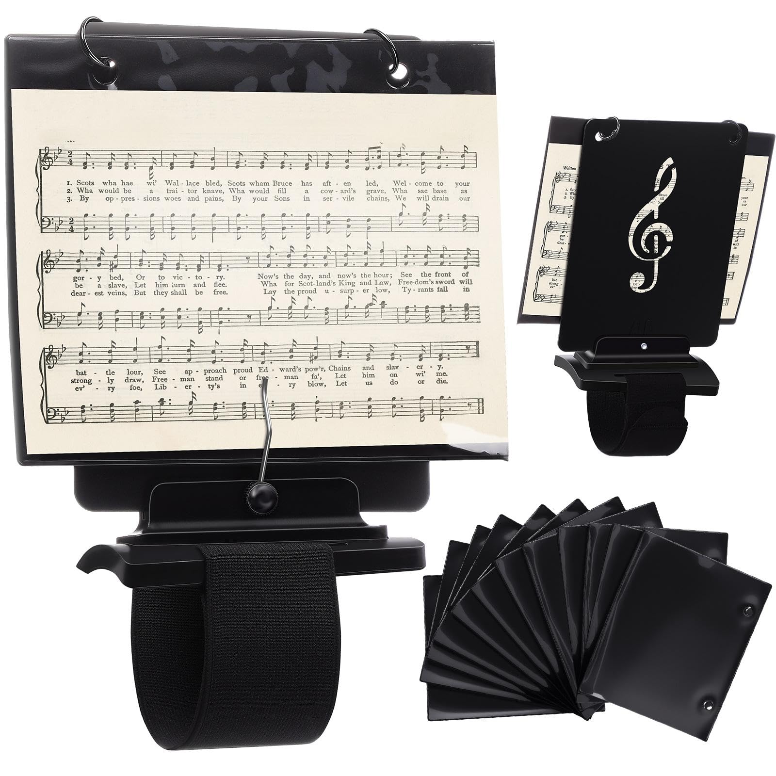 Canlierr Flute Lyre Flip Folder for Marching Band, 12 Pcs Waterproof 7.5 x 6.5 inches Double Sided Flip Folio Folder Pages with 2 Holes Adjustable Sheet Music Stand Holder for Clarinet Trumpet (Black)