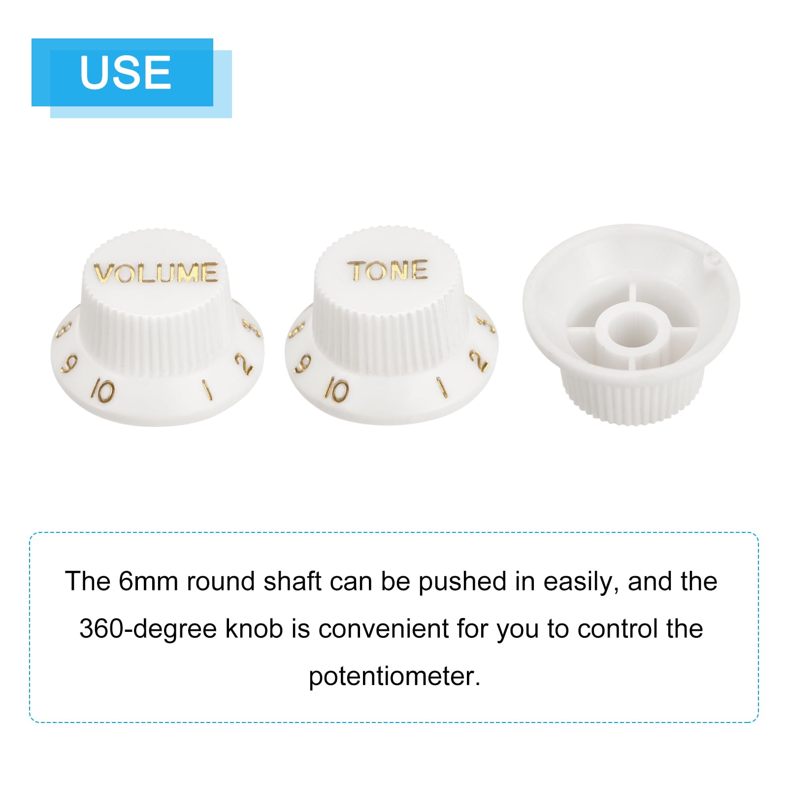 MECCANIXITY Speed Control Knobs 6mm ID 1 Volume 2 Tone Top Hat Guitar Bell Knobs for ST/SQ Electric Guitar Plastic White with Gold Characters