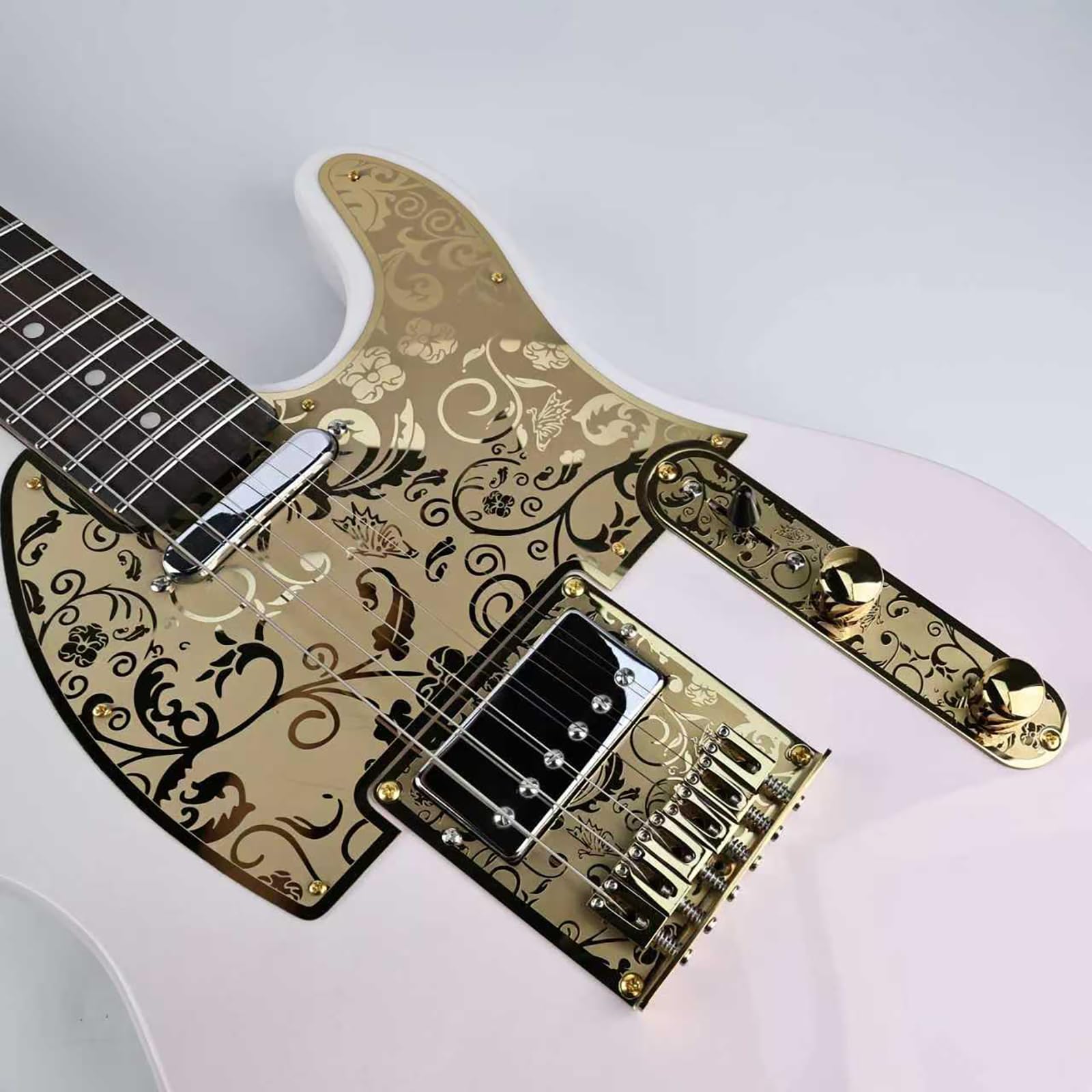 OVSAL Stainless Steel Pick Guard Scratch Plate 8 Holes SH Pickup Configuration Engraving Metal Electric Guitar Pickguard Compatible with USA/Mexican Telecaster Tele Modern Style Guitar Parts(Gold)