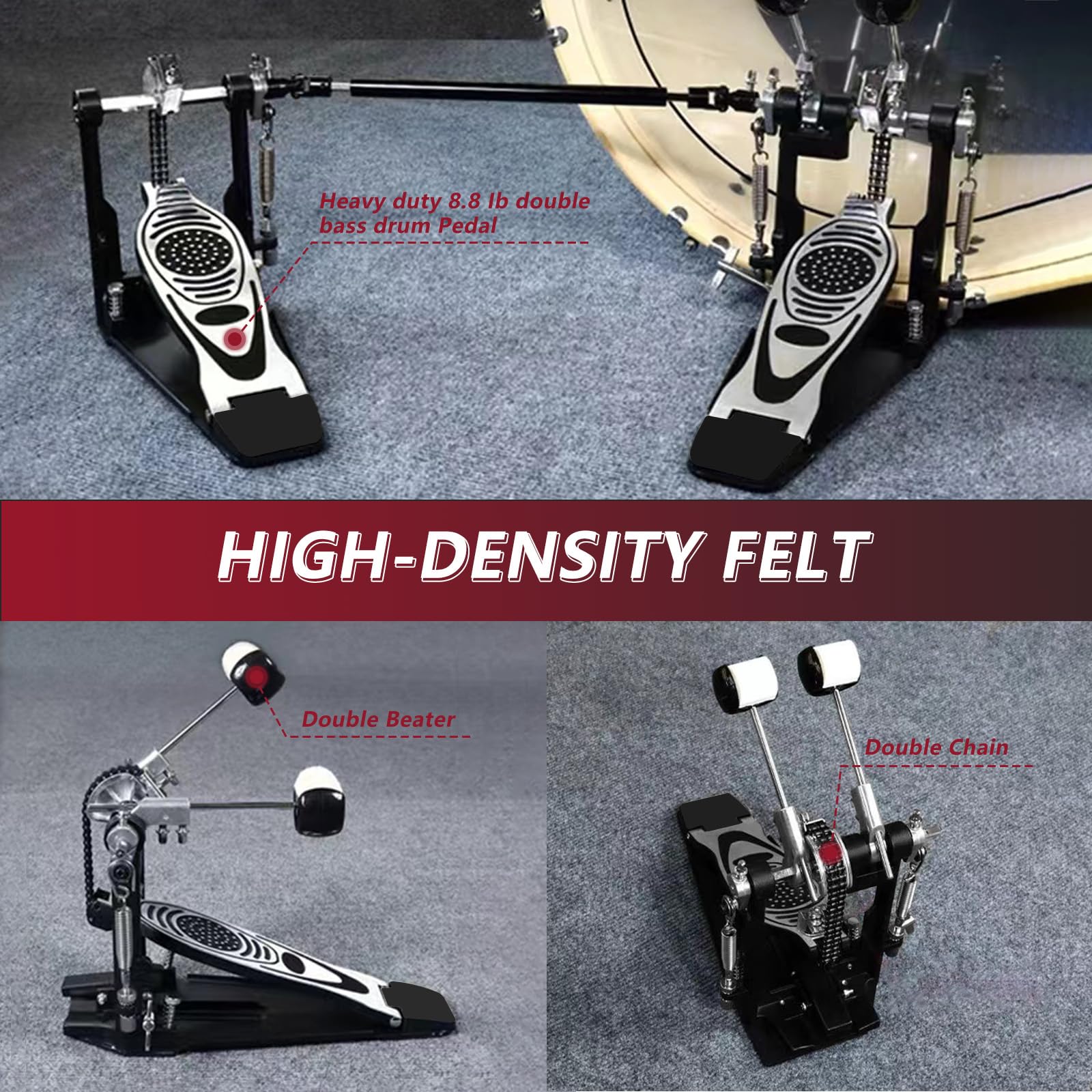 Double Bass Drum Pedal, Double Chain Drive Kick Pedal with Adjustable Beater