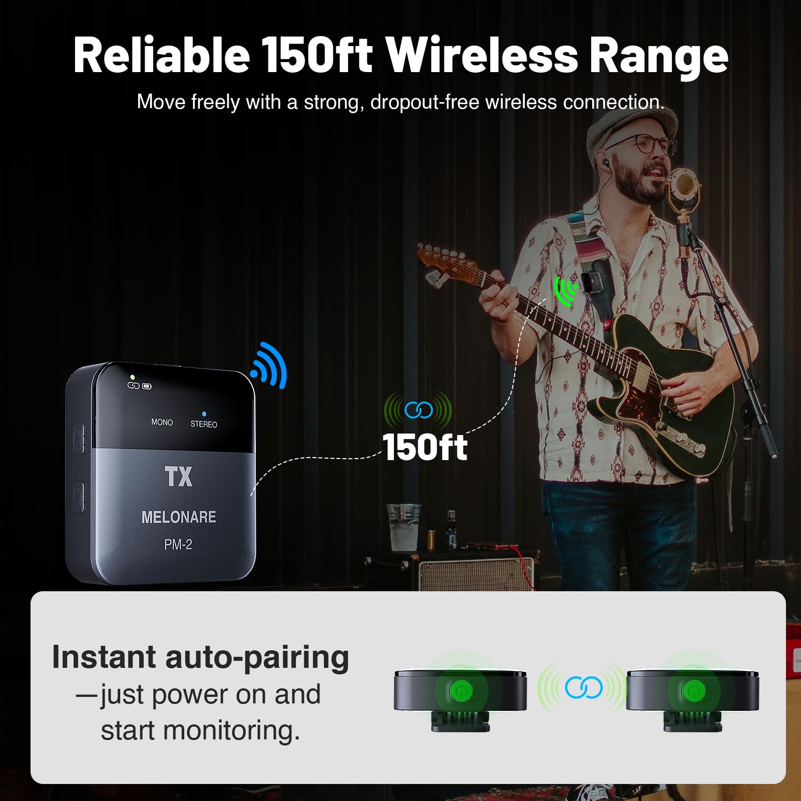MELONARE Portable Wireless in Ear Monitor System with Charging Case PM-2