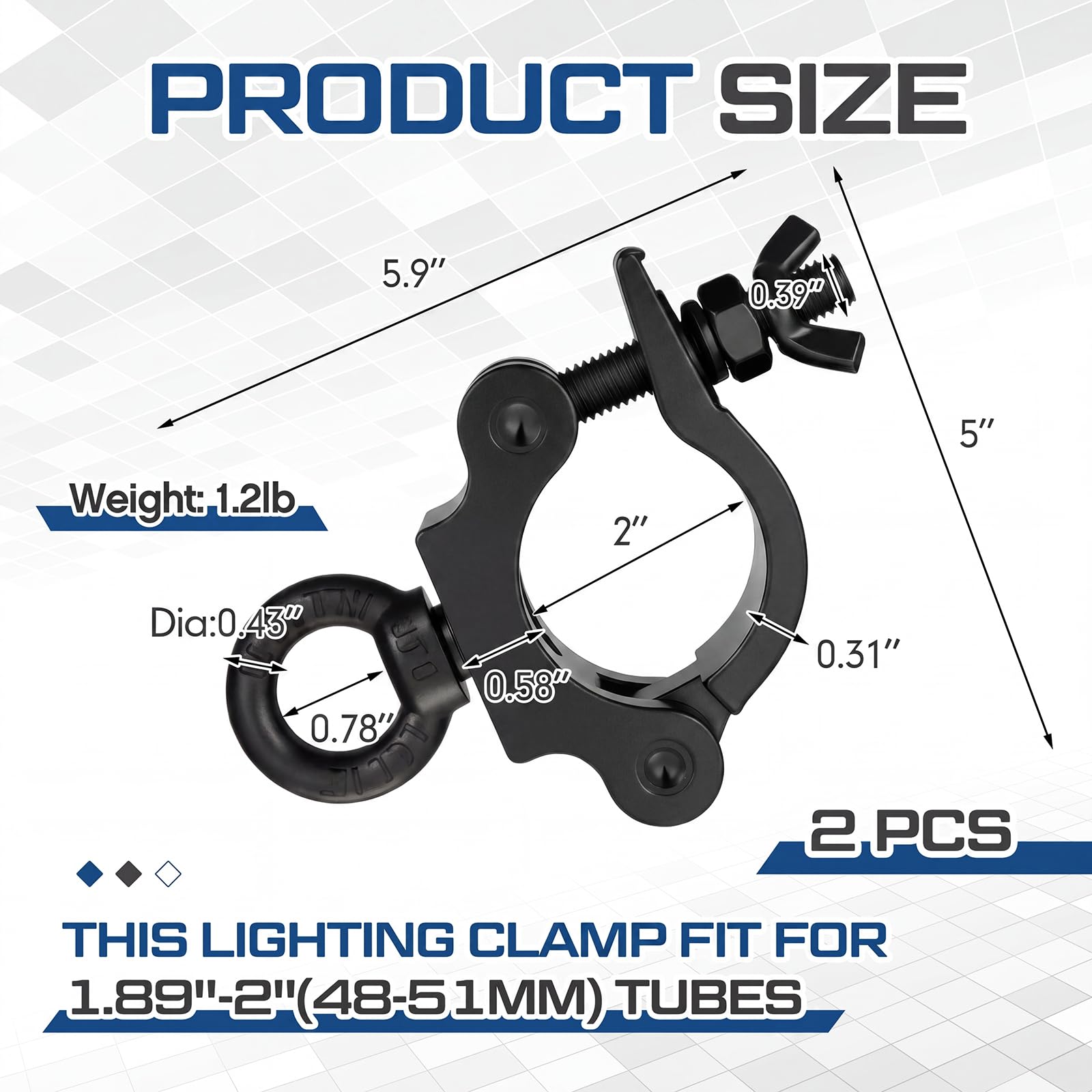 Pelopy 2 Pcs 2″ Truss Clamp with Eye Bolt for 48-51mm Truss Tube, Black