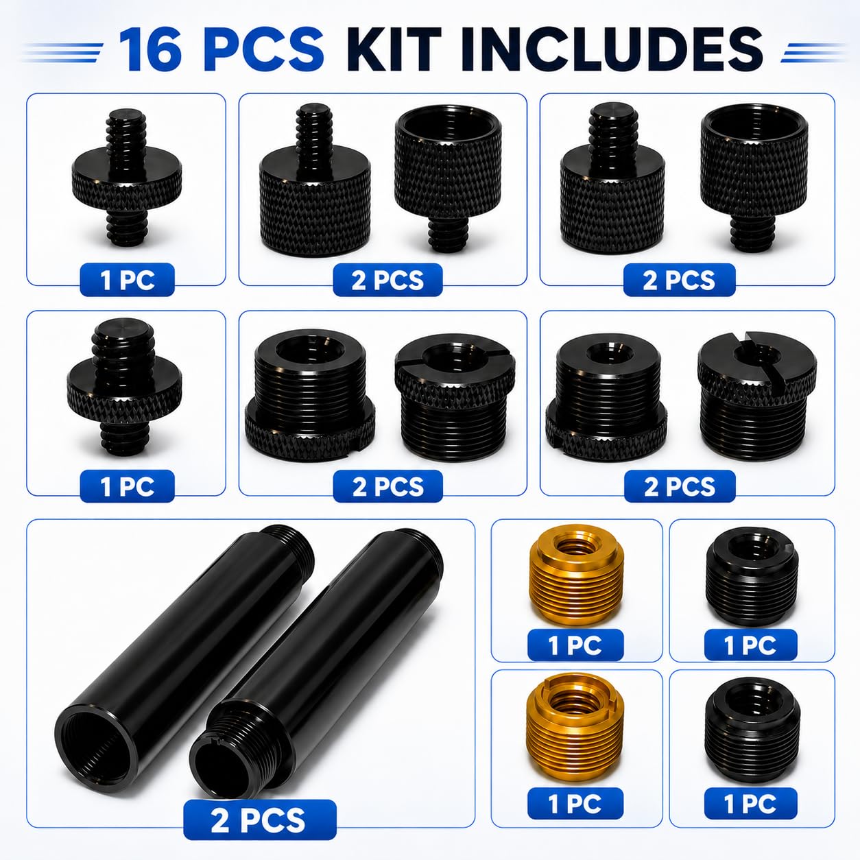 16 Pack Mic Stand Adapter Kit with Extension Tubes, 1/4, 3/8 and 5/8