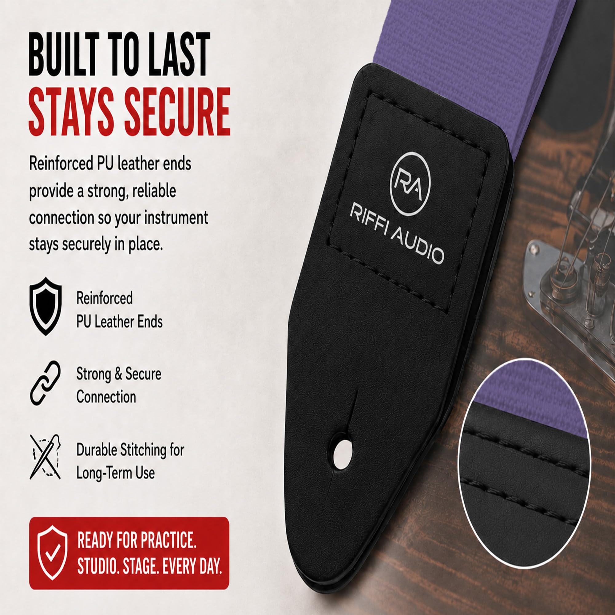 Riffi Audio Lite 1.0 Adjustable 2″ Wide Guitar Strap With Pick & Locks For Acoustic, Electric, And Bass Guitars (Light Purple)