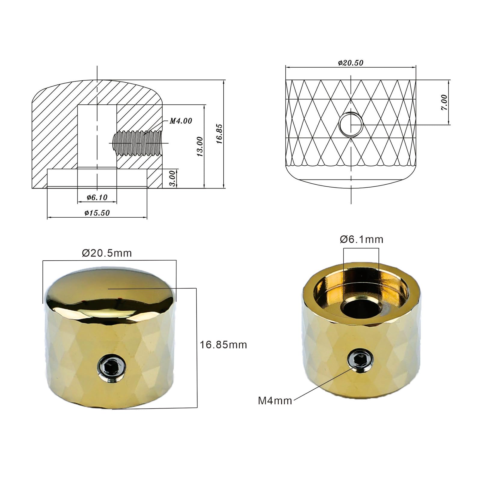 OVSAL 2Pcs Aluminum Alloy Electric Bass Guitar Knobs Speed Control 6.1mm(15/64″) Potentiometer Shaft Dome Metal Volume Tone Knobs for Electric Bass Guitar Replacement Parts (Gold)