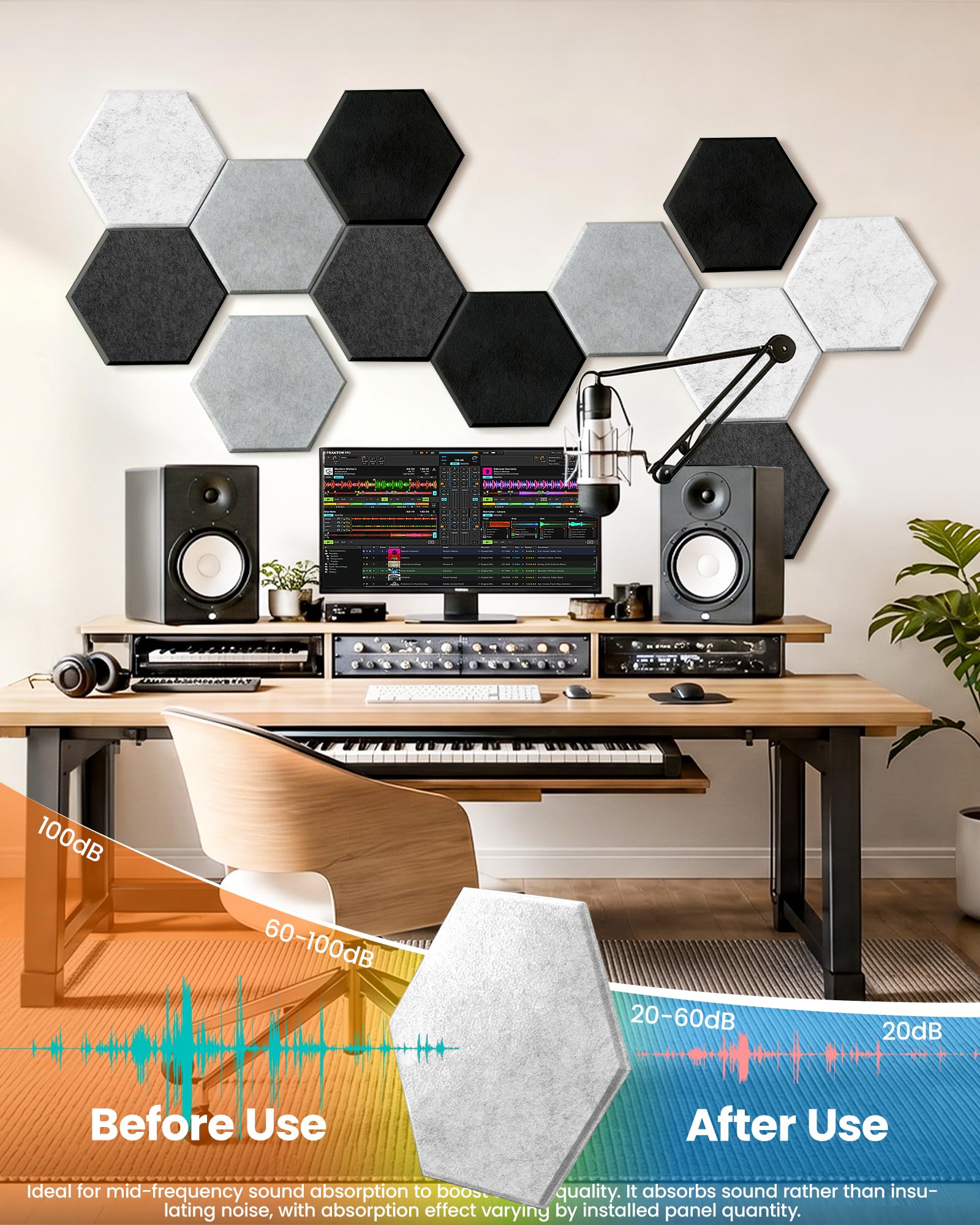 MAGICUBETIC 12 Pack Hexagon Self-Adhesive Decorative Acoustic Wall Panels