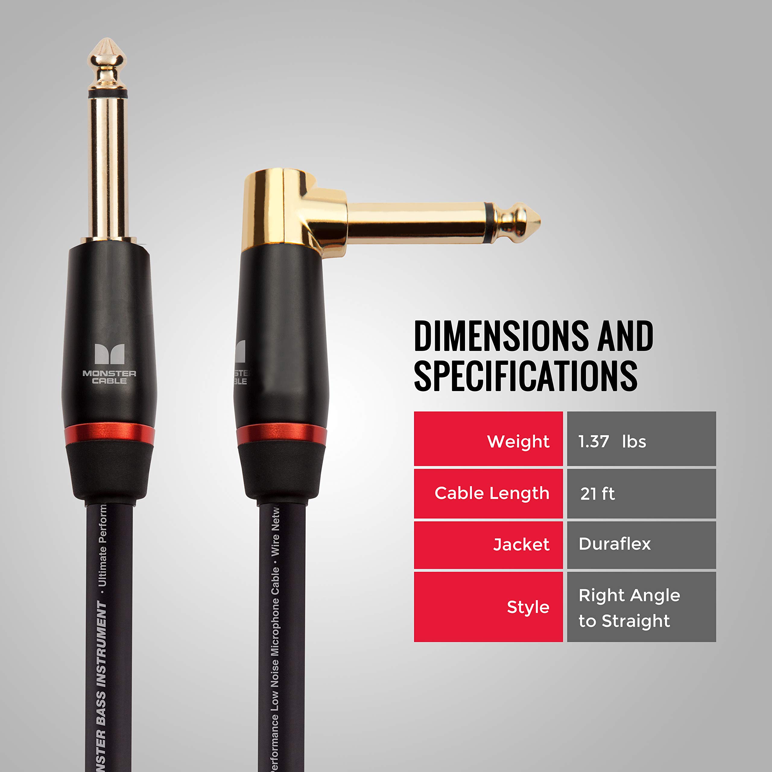 Monster Prolink Bass Instrument Cable – 21 ft – Right Angle to Straight (MBASS2-21AWW)
