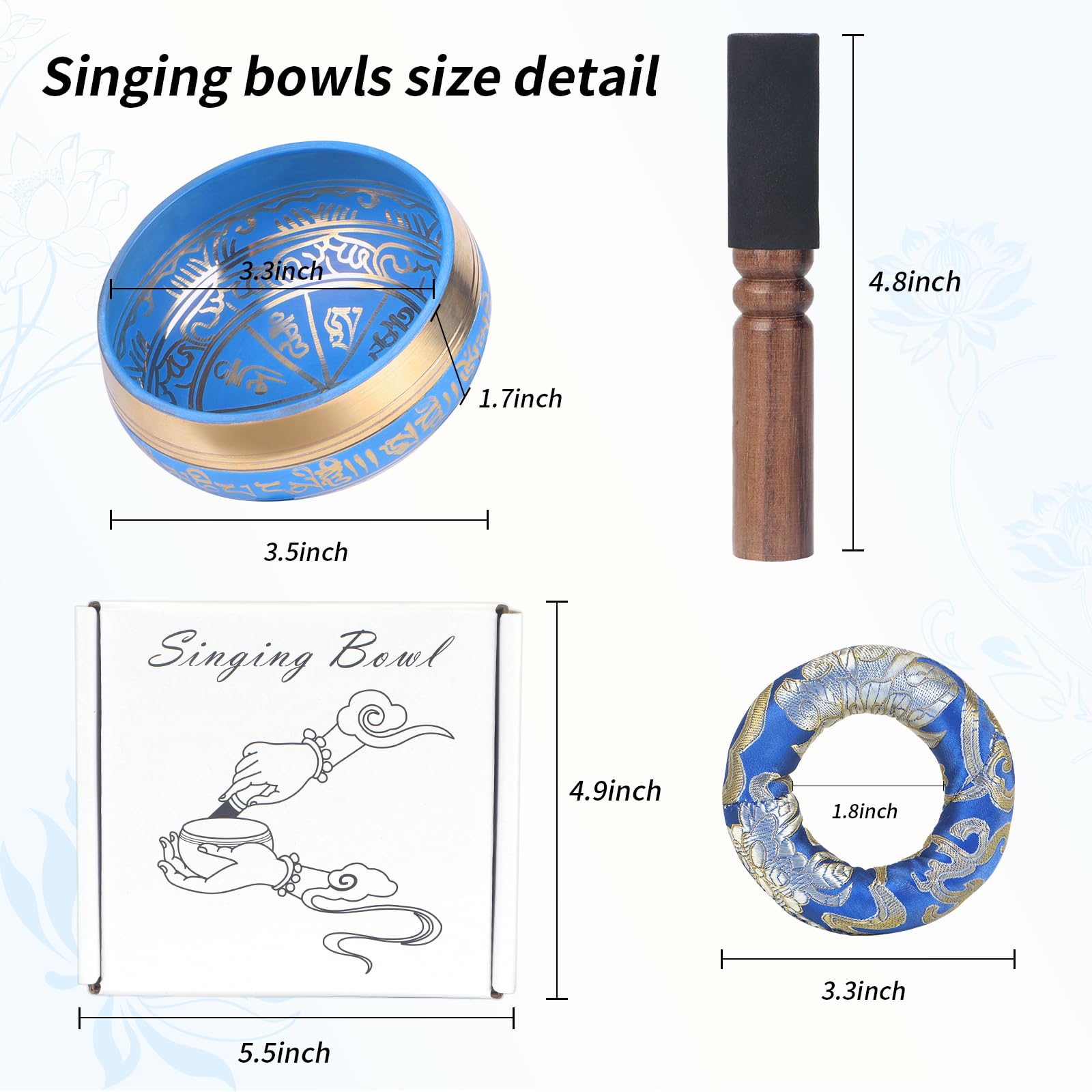 Kmise Tibetan Singing Bowls Set- Handmade in Nepal Meditation Sound Bowls for Yoga, Meditation, Mindfulness, Healing and Chakra Balancing, Stress Relief (3.5′, Blue)