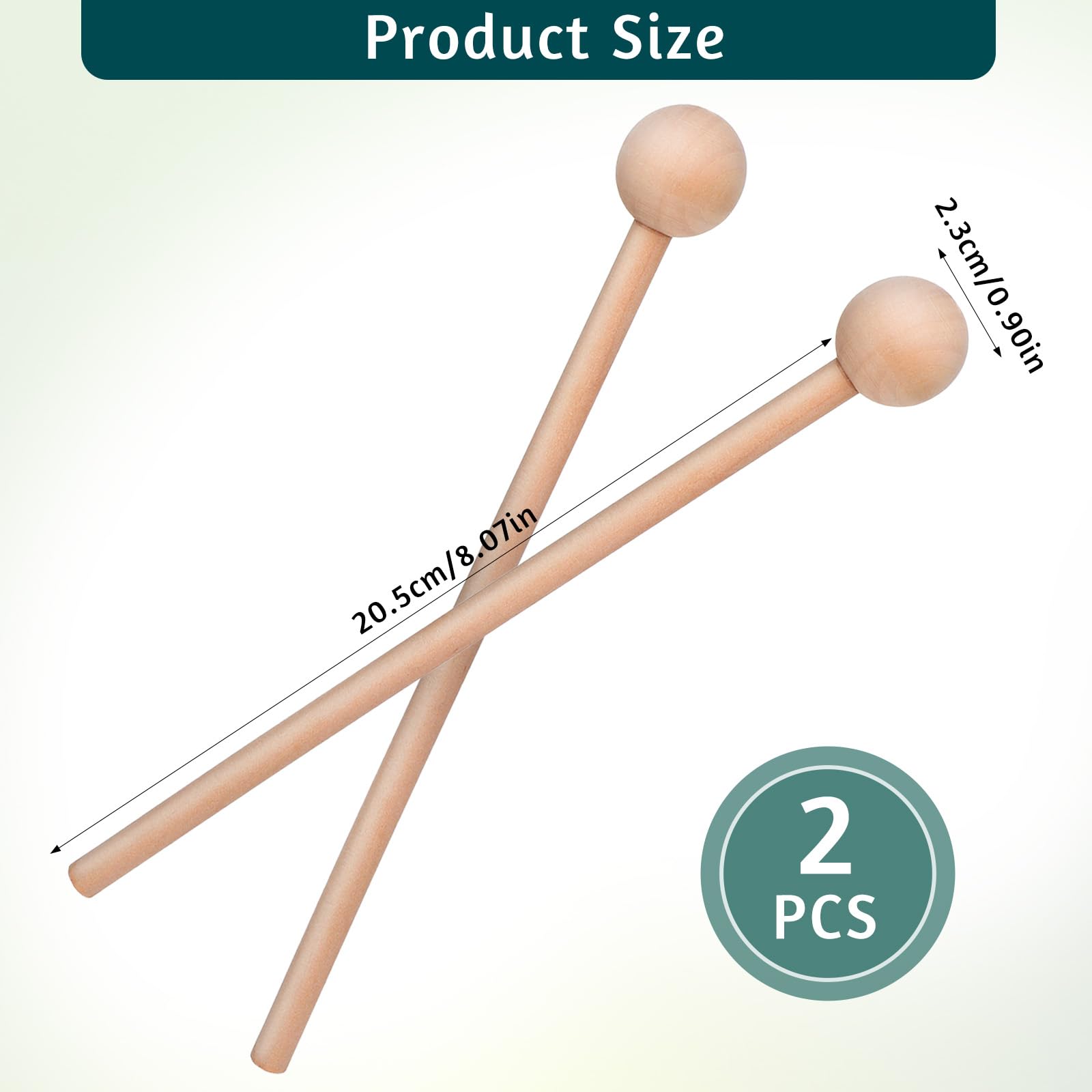 2 Pcs Wood Percussion Sticks 8” Wood Rhythm Sticks Mallets Percussion Stick Xylophone Mallets Glockenspiel Mallet with Wooden Handle Rhythm Stick for Chime Glockenspiel Bells