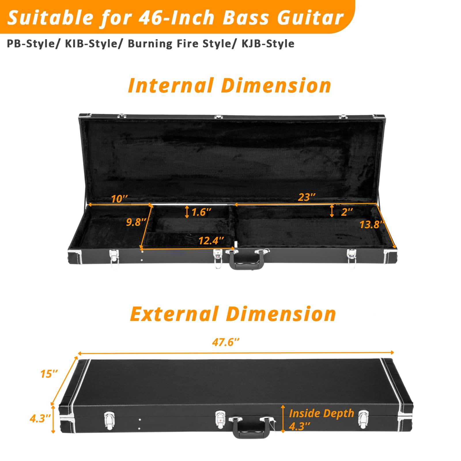 Ktaxon Bass Guitar Hard Case with Lock Latch and Soft Padding, Black