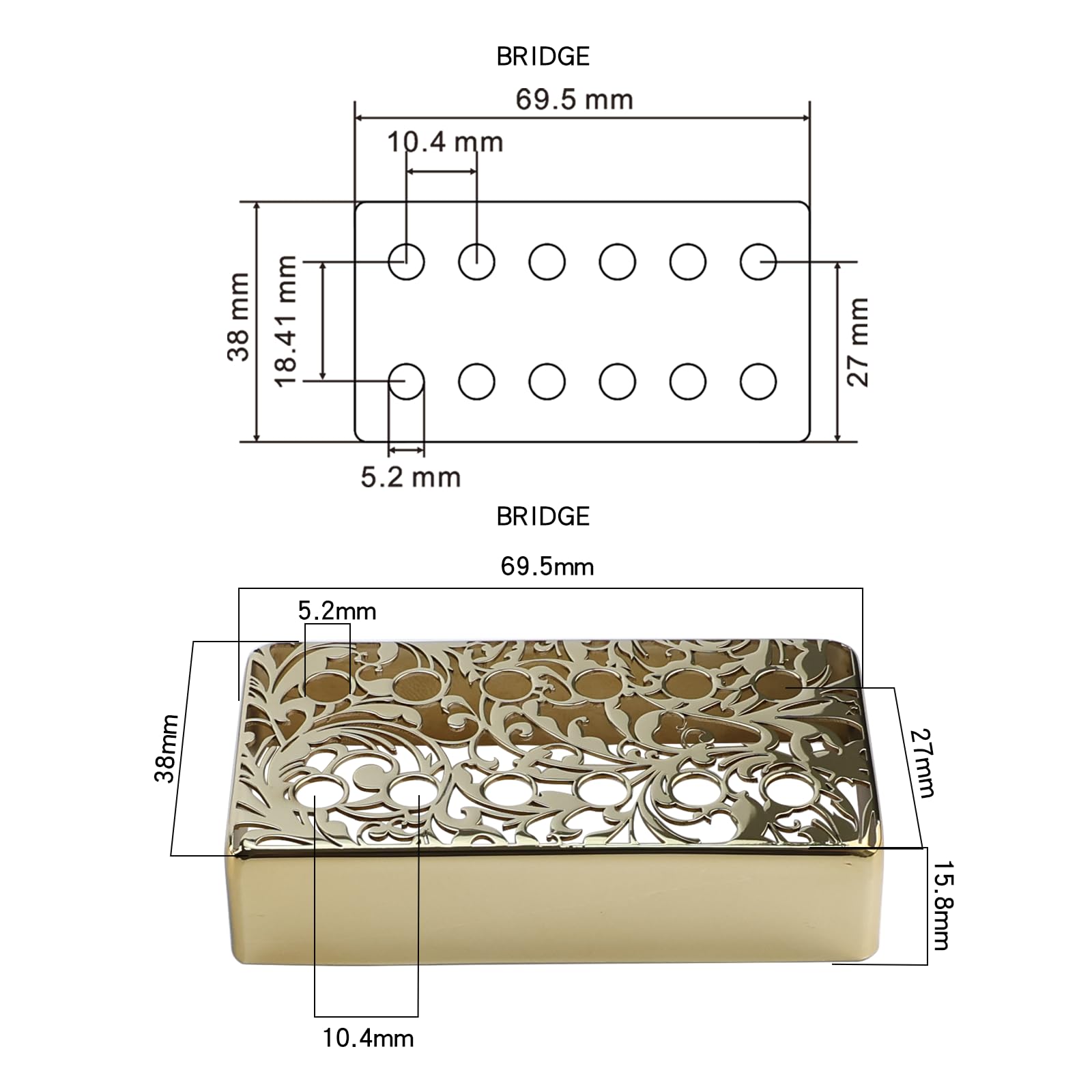 OVSAL Brass Electric Guitar Pickup Covers Gold 50mm Pole Spcing 6 String Guitar Neck Humbucker Pickup Covers Compatible with Les Paul Lp Electric Guitar Replacement Parts