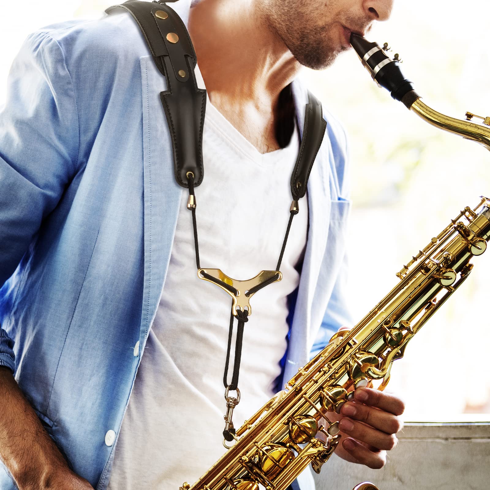POGOLAB Saxophone Shoulder Strap, Double Shoulder Leather Adjustable Sax Strap with Metal Beam & Sturdy Adjuster, Reduce Neck Stress, Good Comfort, for Alto/Tenor/Baritone/Soprano Saxophone