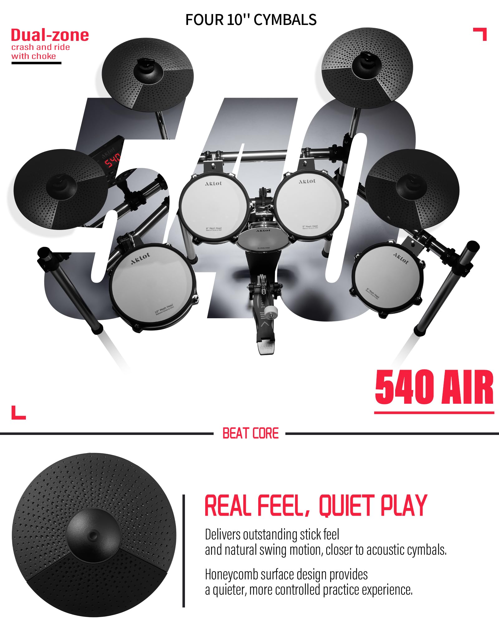 AKLOT Electric Drum Set with Kick-Tower: 4 Dual Zone Mesh Pads, 8’’ Tower-Style Kick Drum, 10’’ Snare, Dual Zone 10’’ Cymbals with Choke, 360 Sounds, User Kit, USB-MIDI, Throne, B-CORE 540 Air, Silver
