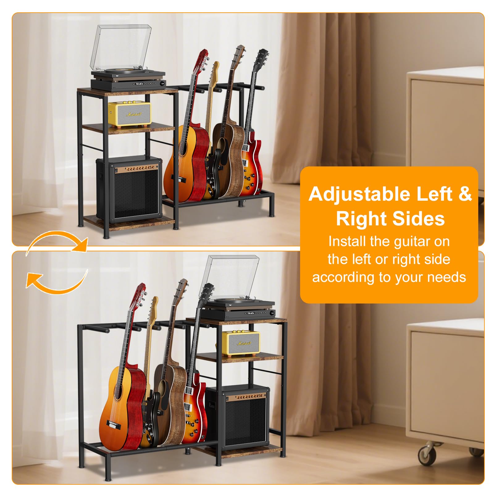 NEYCIL Guitar Stand for 4 Guitars, Adjustable Multiple Guitars Rack with Soft-Padded Protector for Acoustic, Electric, Bass & Ukulele, Guitar Display Stand with 3-tier Shelves for Amp & Vinyl Records