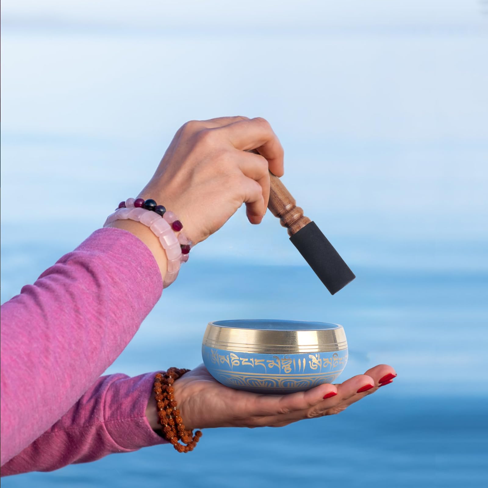 Kmise Tibetan Singing Bowls Set- Handmade in Nepal Meditation Sound Bowls for Yoga, Meditation, Mindfulness, Healing and Chakra Balancing, Stress Relief (3.5′, Blue)