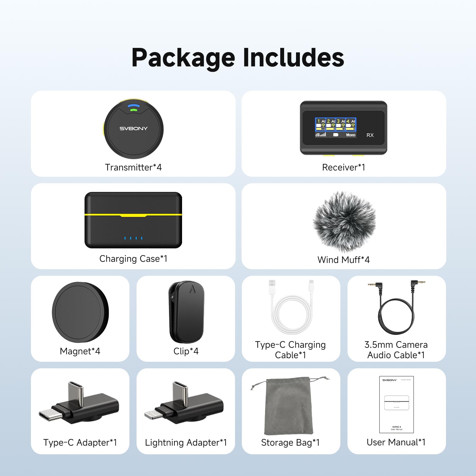 SVMic 5 4-Person Wireless Lavalier Microphones Systems with Charging Case