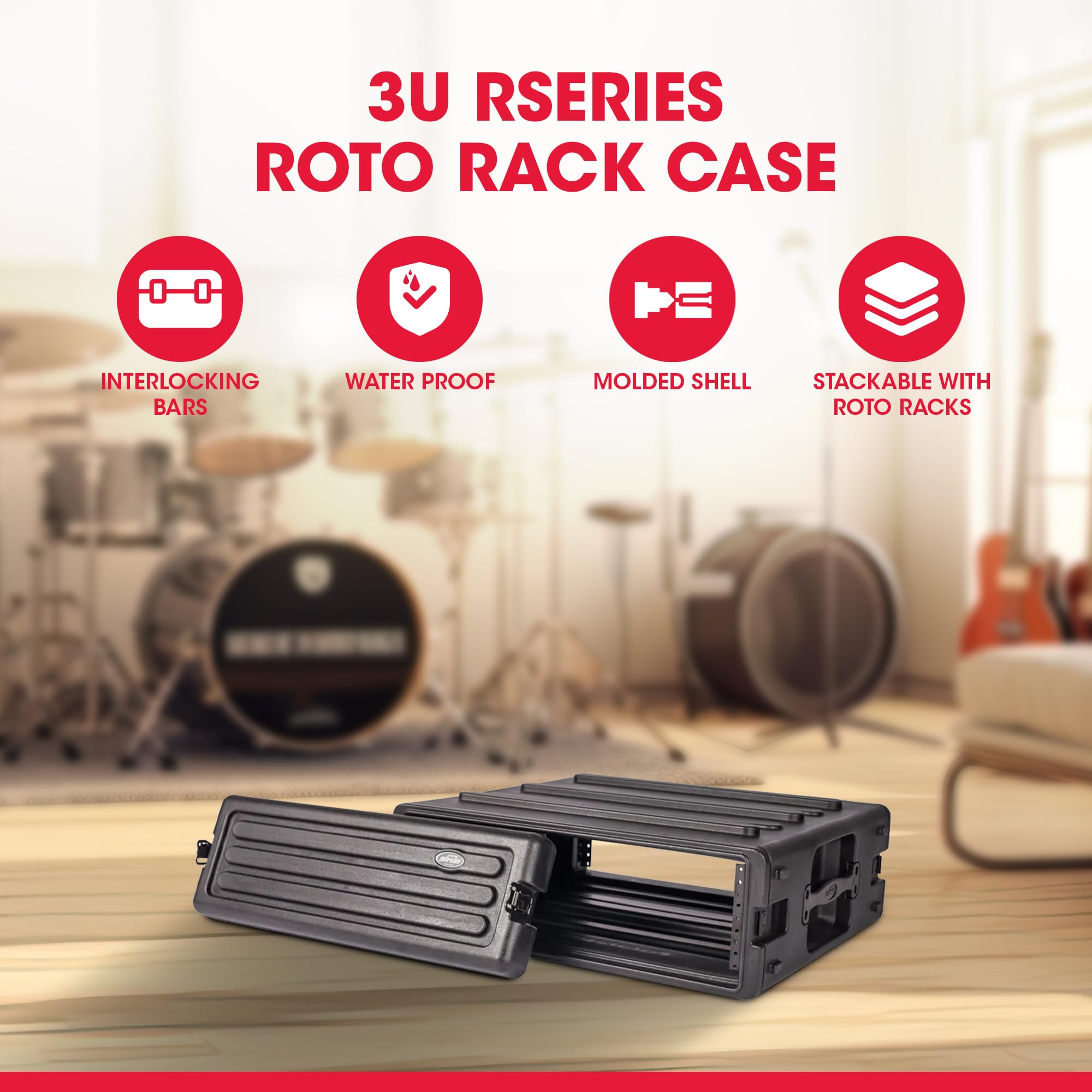 SKB 3U Roto Rack Case – Durable Polyethylene Gear Protector, Stackable, Waterproof with Twist Latches & Rubber Feet for Musicians, Black