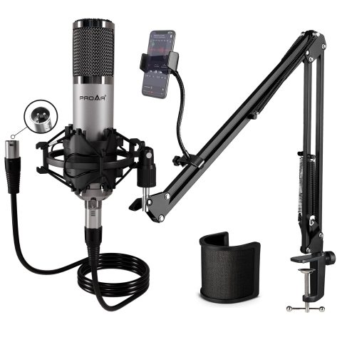 PROAR XLR Condenser Microphone Kit with Boom Arm, Pop Filter and XLR Cable