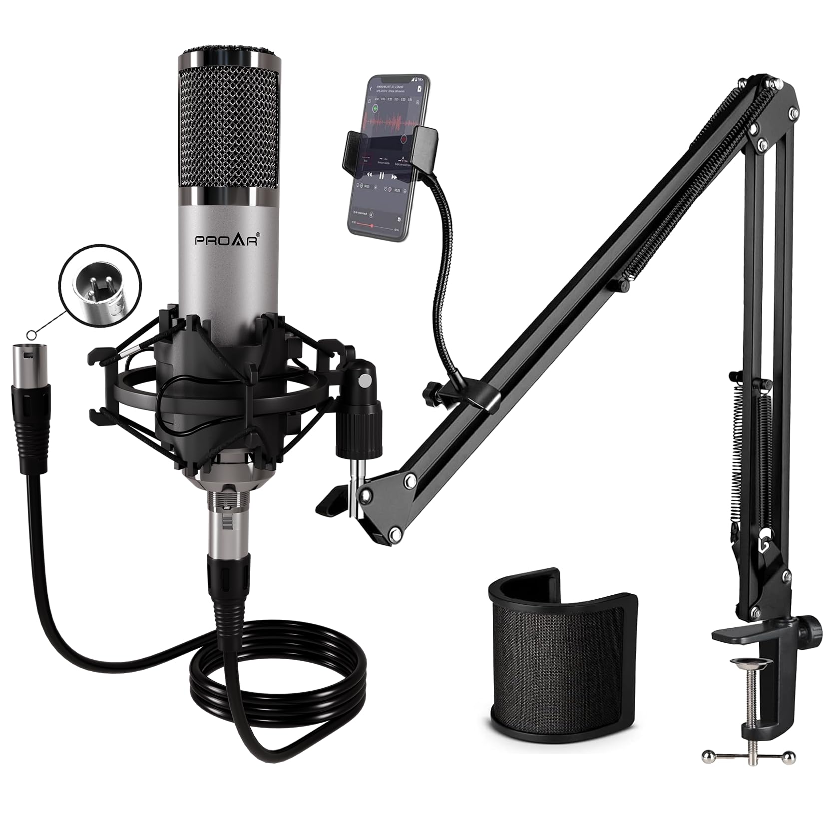 PROAR XLR Condenser Microphone Kit with Boom Arm, Pop Filter and XLR Cable