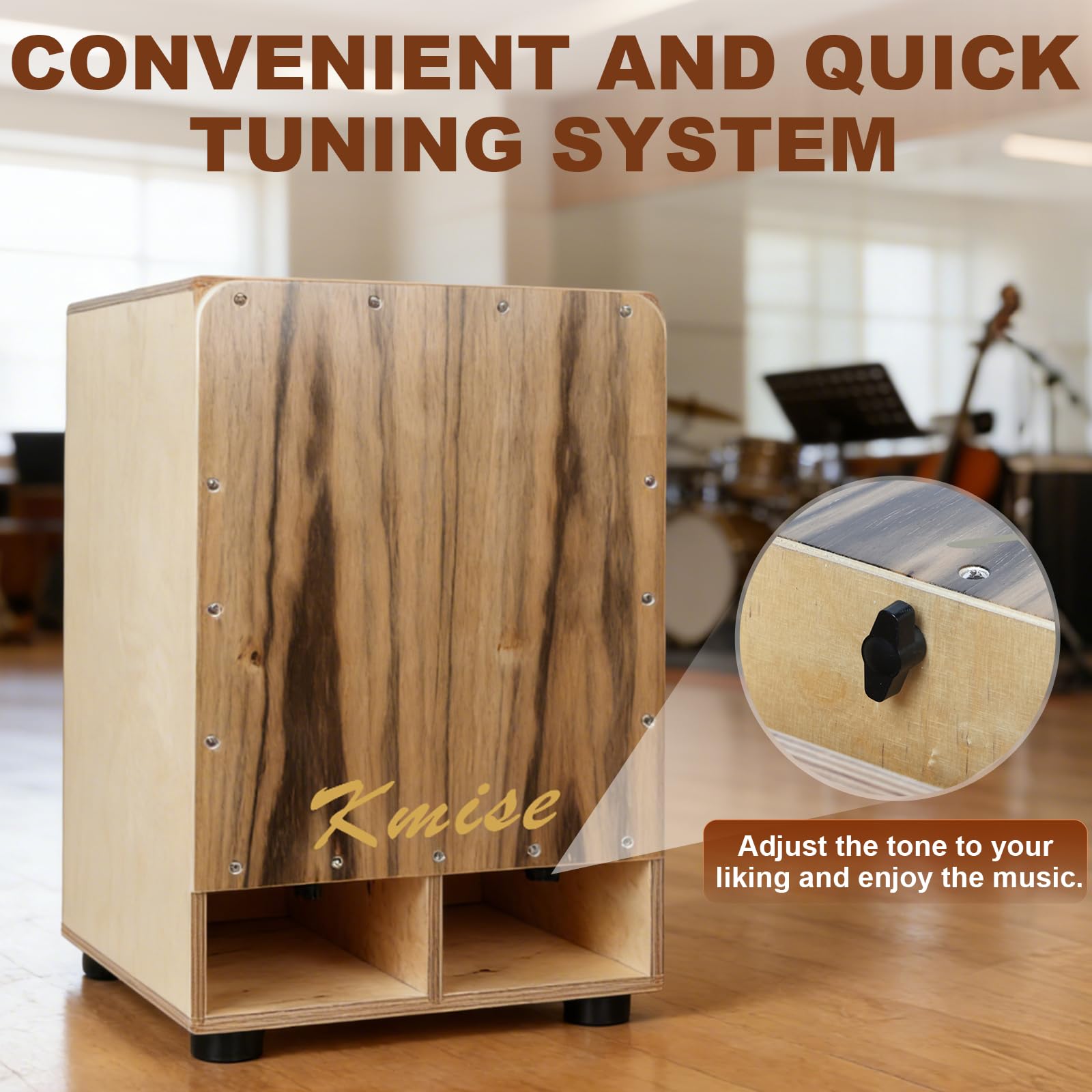 Kmise Enhanced Bass Response Cajon, 11.8×12.2×19.6″ Portable Adjustable Snare Cajons Drums,Solid Ebony & Birch Wood Drum Box, Percussion Instrument Gift for Adults Kids, With Carry Bag,for Performance