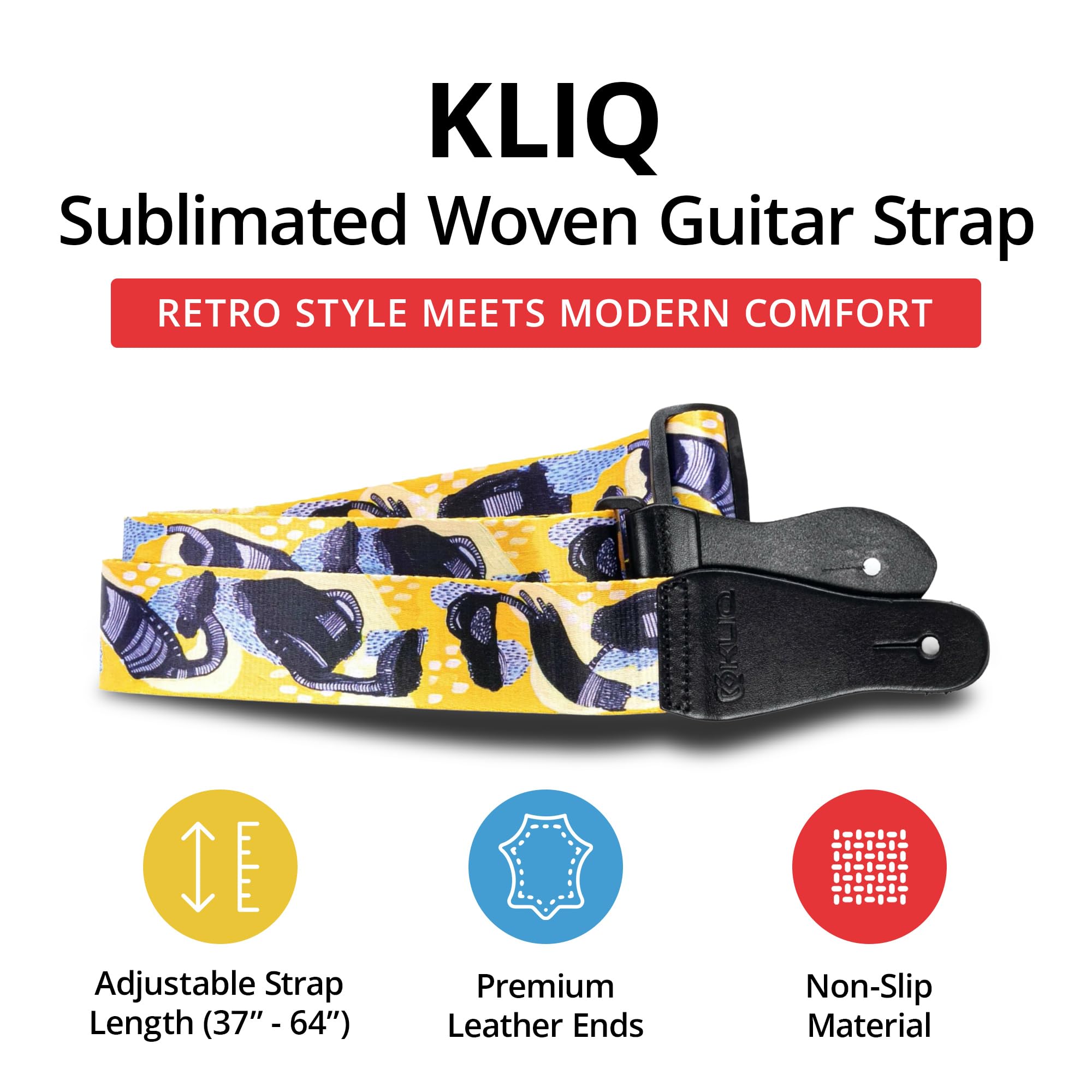 Mouse over image to zoom in KLIQ Vintage Woven Guitar Strap for Acoustic and Electric Guitar | 2 Rubber Strap Locks Included (Artist Sublimated Yellow Rain)