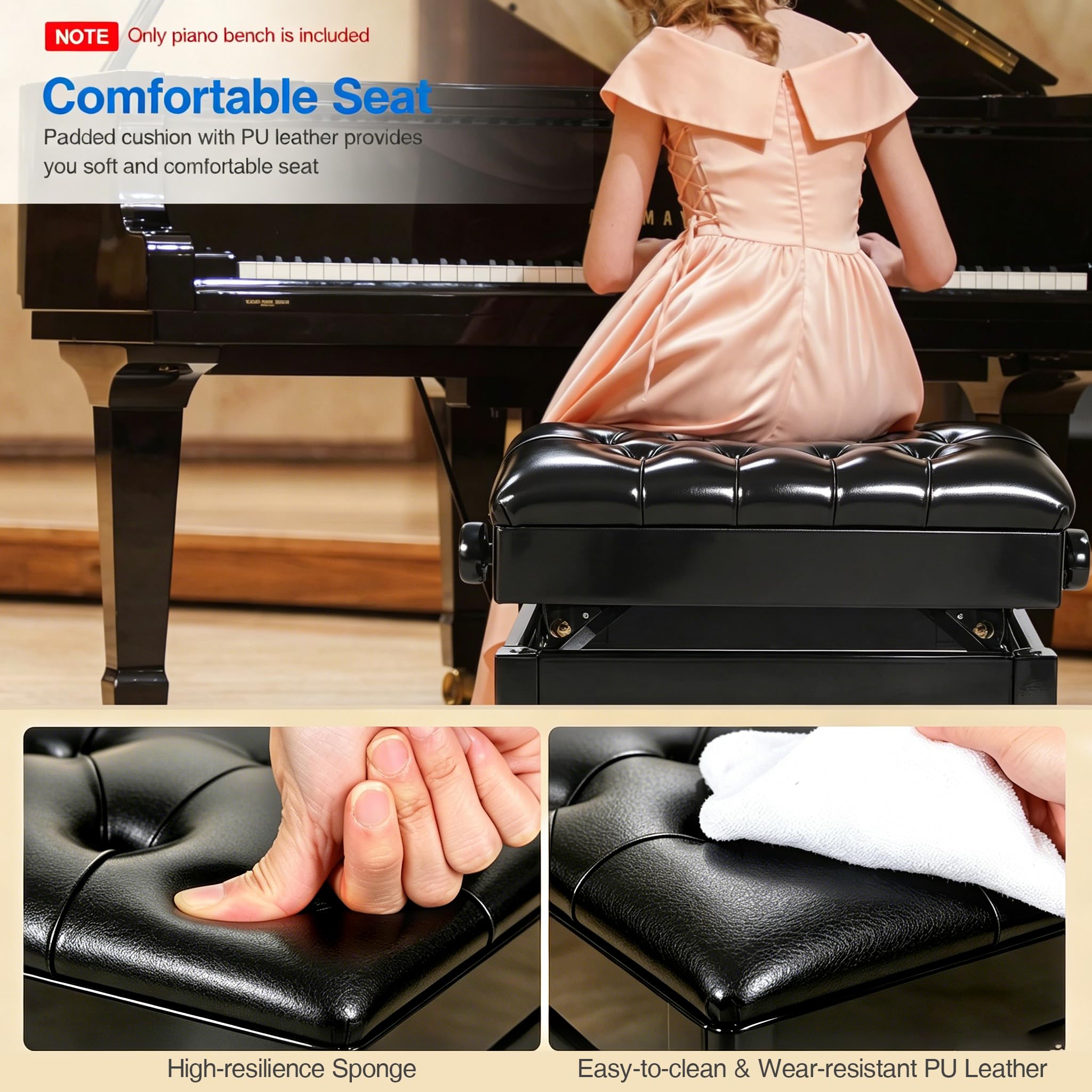ALAPUR Adjustable Piano Bench with Storage, 22″ Glossy Keyboard Stool