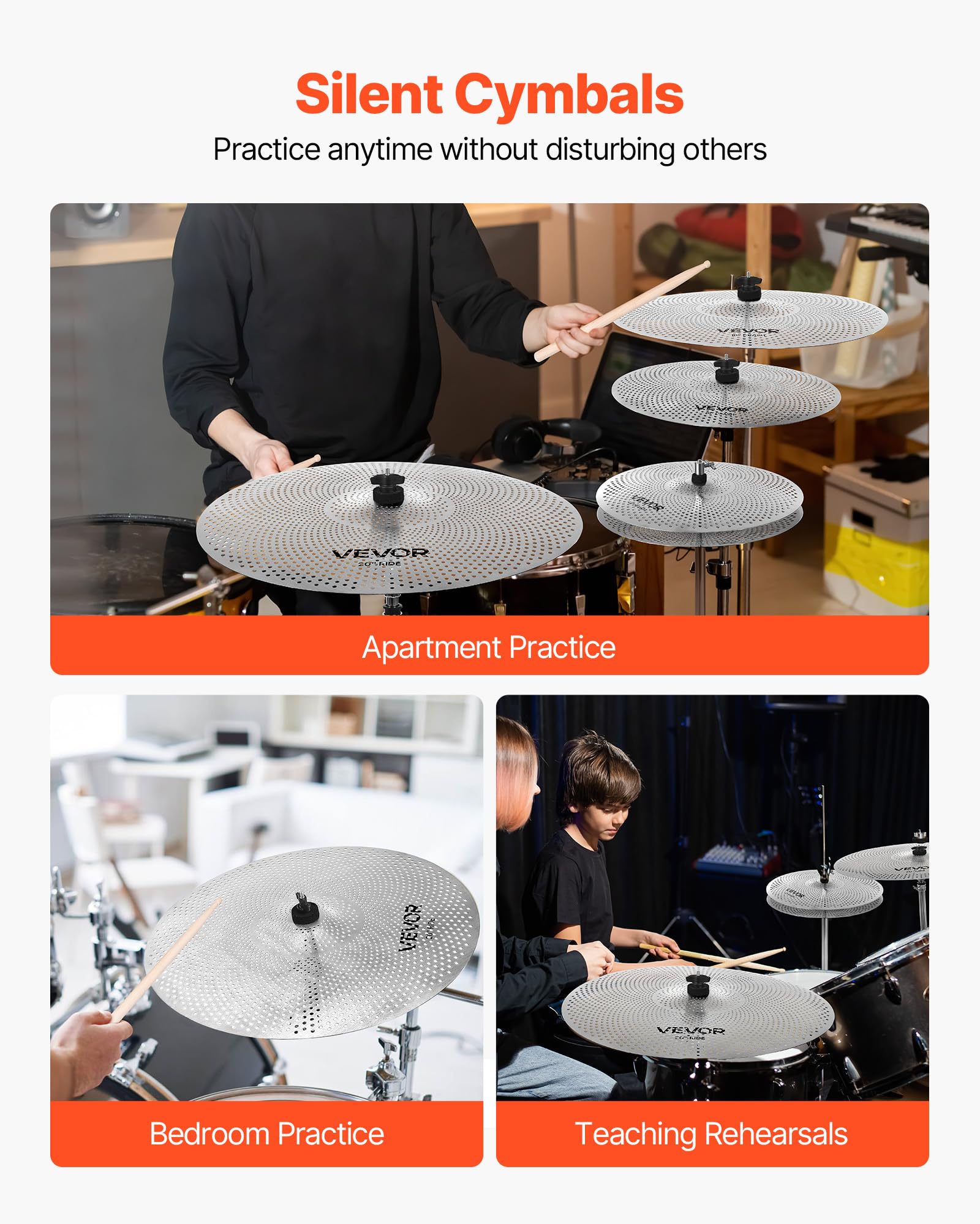 VEVOR Low Volume Cymbal Pack, 5Pcs Quiet Cymbals for Drum Set, 14” Hi-Hats, 16” Crash, 18” Crash, 20” Ride, Alloy Drum Cymbals Includes Free Drumsticks, Mute Pads & Bag, for Drummer Practice