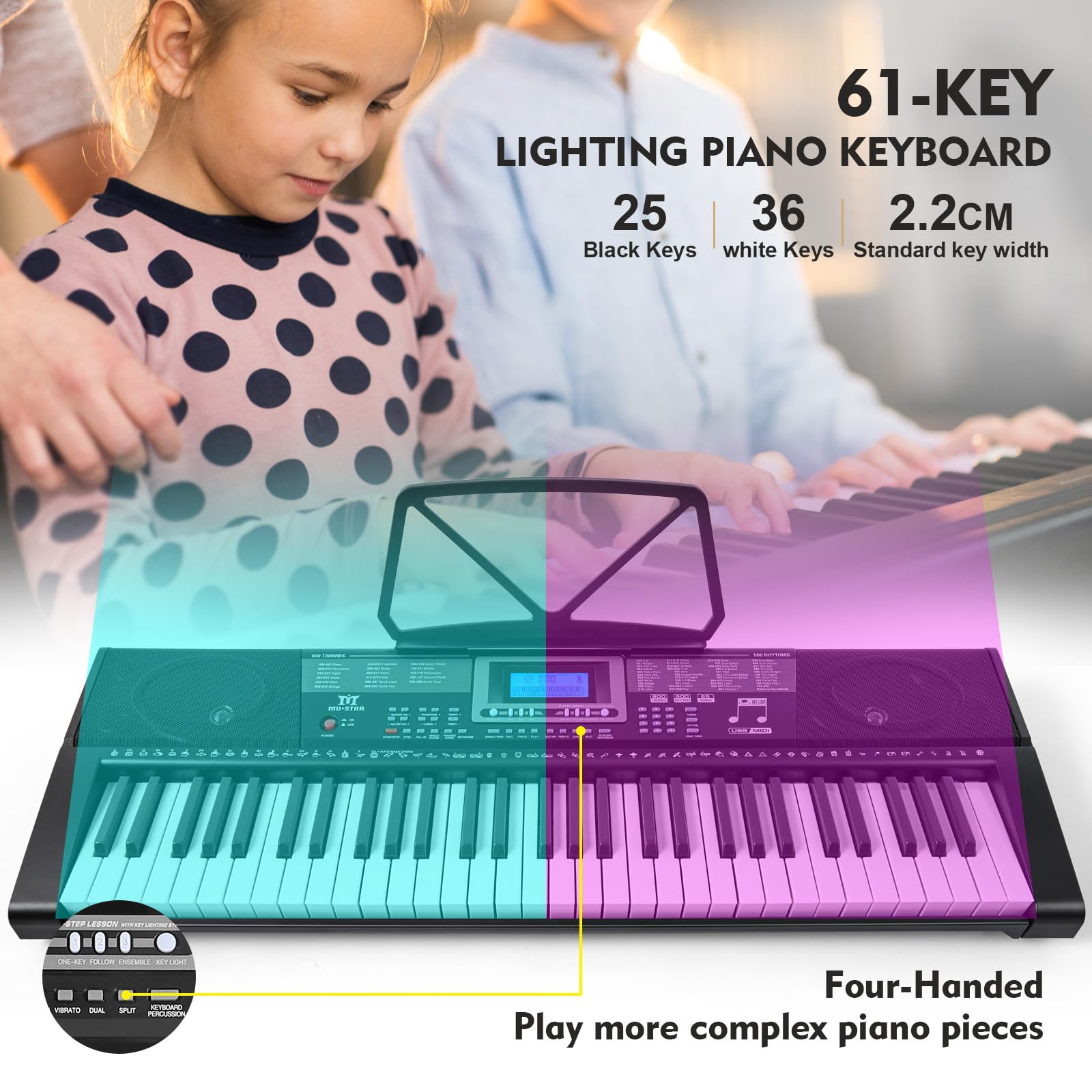 MUSTAR Piano Keyboard, 61 Key Keyboard Piano with Lighted Up Keys, Electric Piano Portable Piano Keyboard for Beginners with Stand, Sustain Pedal, Headphones, Microphone