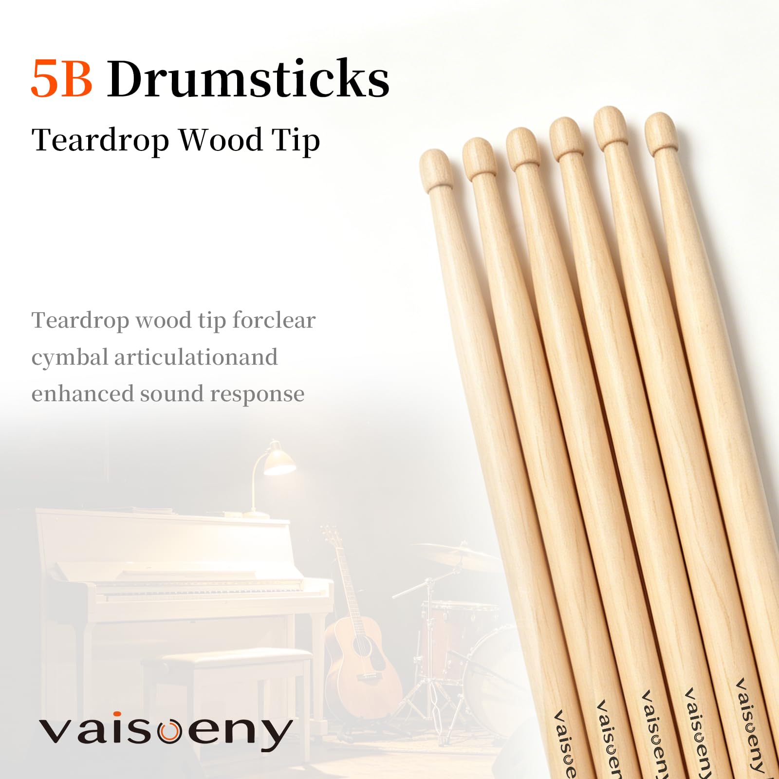 VAISOENY Drum Sticks, Maple Wood 5B Drumsticks with Teardrop Tip, 12 Pairs