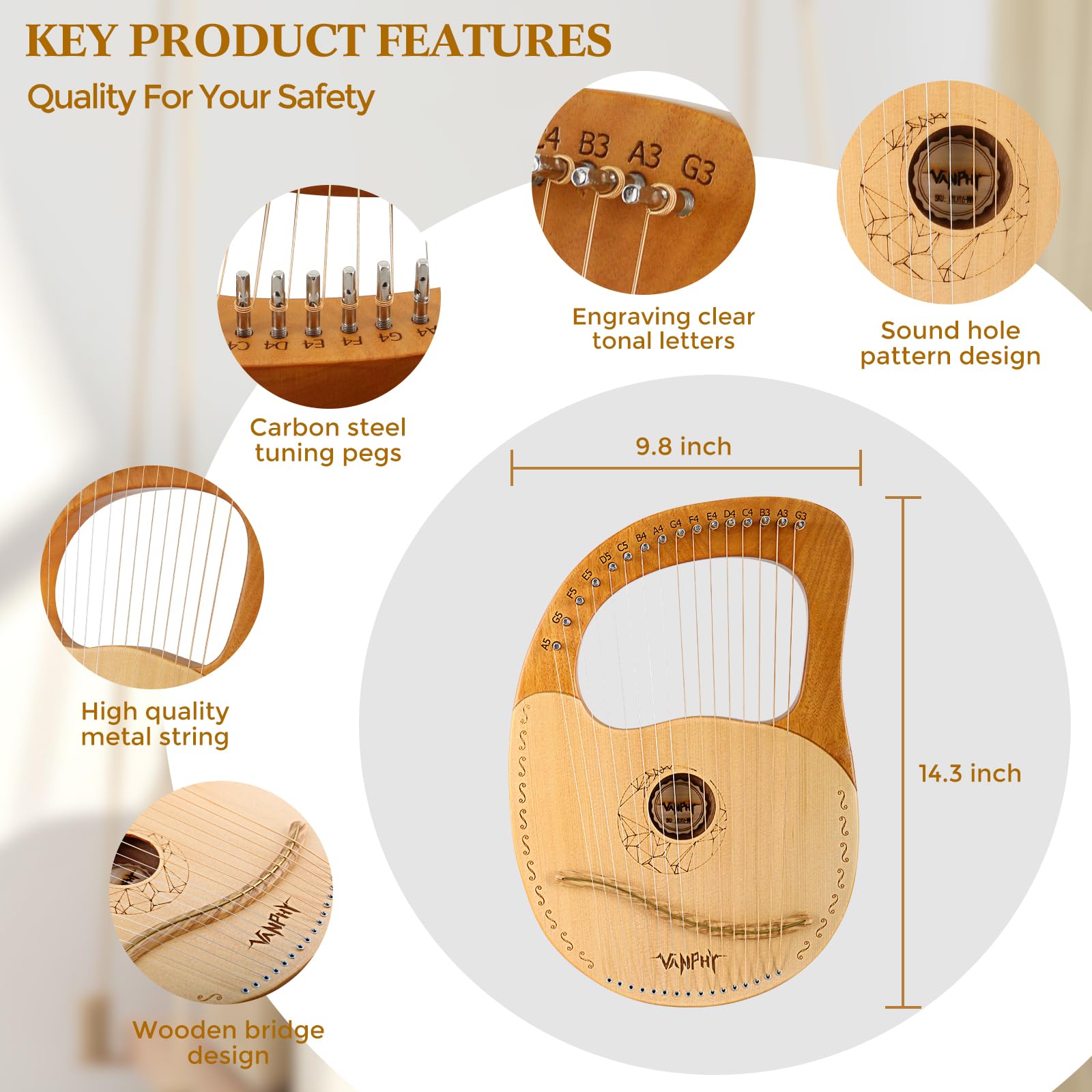VANPHY Lyre Harp 16 Strings Mahogany Body Metal String for Beginner Harps Classical Style Harp Instrument with Tuning Wrench Strings Cleaning Cloth Strap Black Gig Bag (Wood)