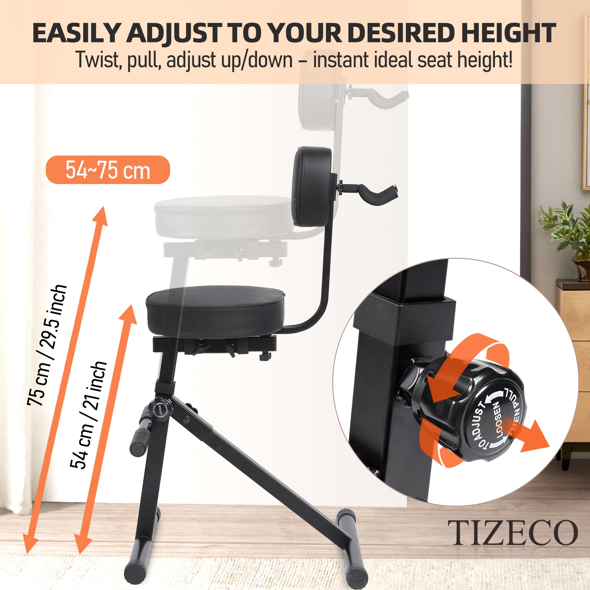 TIZECO Adjustable Guitar Stool with Backrest, Standard Guitar Seat Drum Seat, Adjustable Drum Throne,Musicians Throne