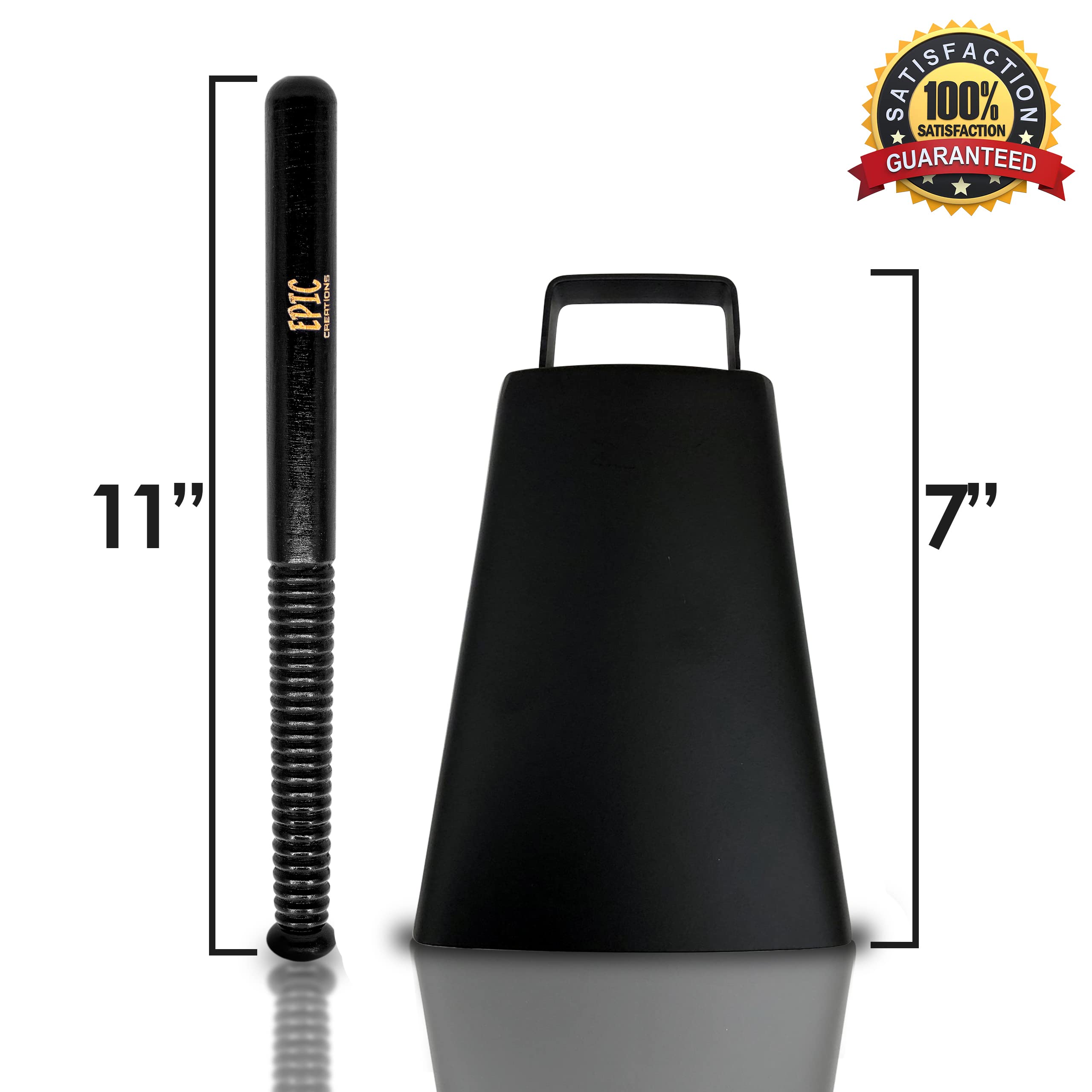 Cow bell with Handle 7 inches and 11” Cowbell Beater Stick – Made of Steel – Antique Cow bells Noise Makers for Football Games, Sporting Events, Celebrating and More (Matte Black)
