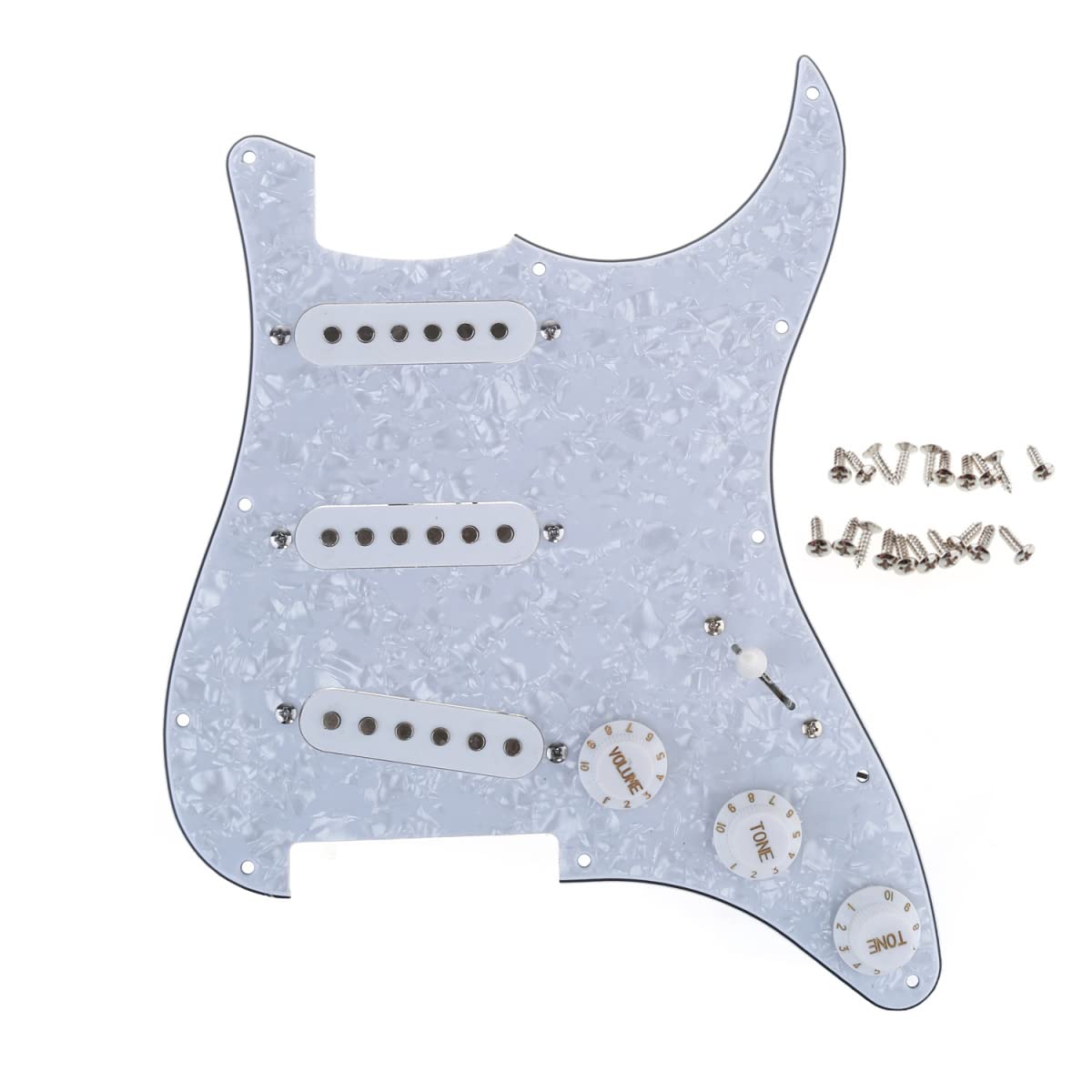 Musiclily SSS Loaded Pickguard Strat Prewired Pickguard with Single Coil Pickups Set for Strat Style Electric Guitar, 4Ply Pearl White
