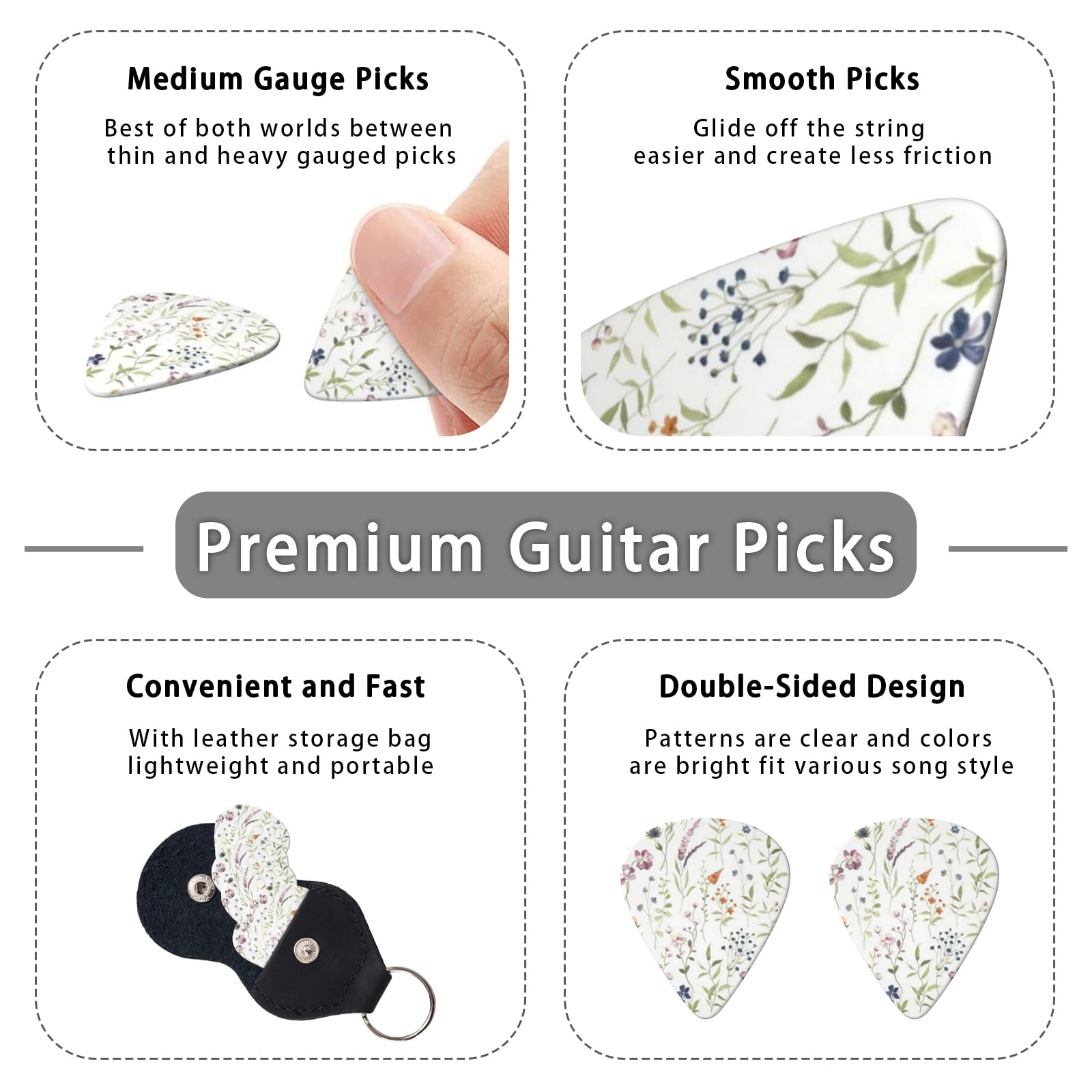 LOZUQII 6 Pack Guitar Picks with Bag, Medium 0.71mm – Colorful Flowers