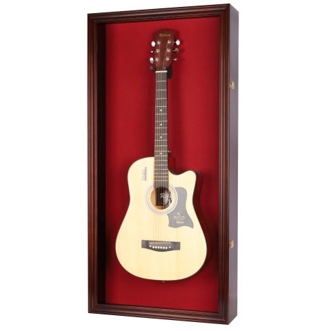 DisplayGifts 45″ Acoustic Guitar Display Case Cabinet Wall Mountable Guitar Case Frame Fits Most Guitars 98% UV Protection Red Felt Interior Mahogany Finish