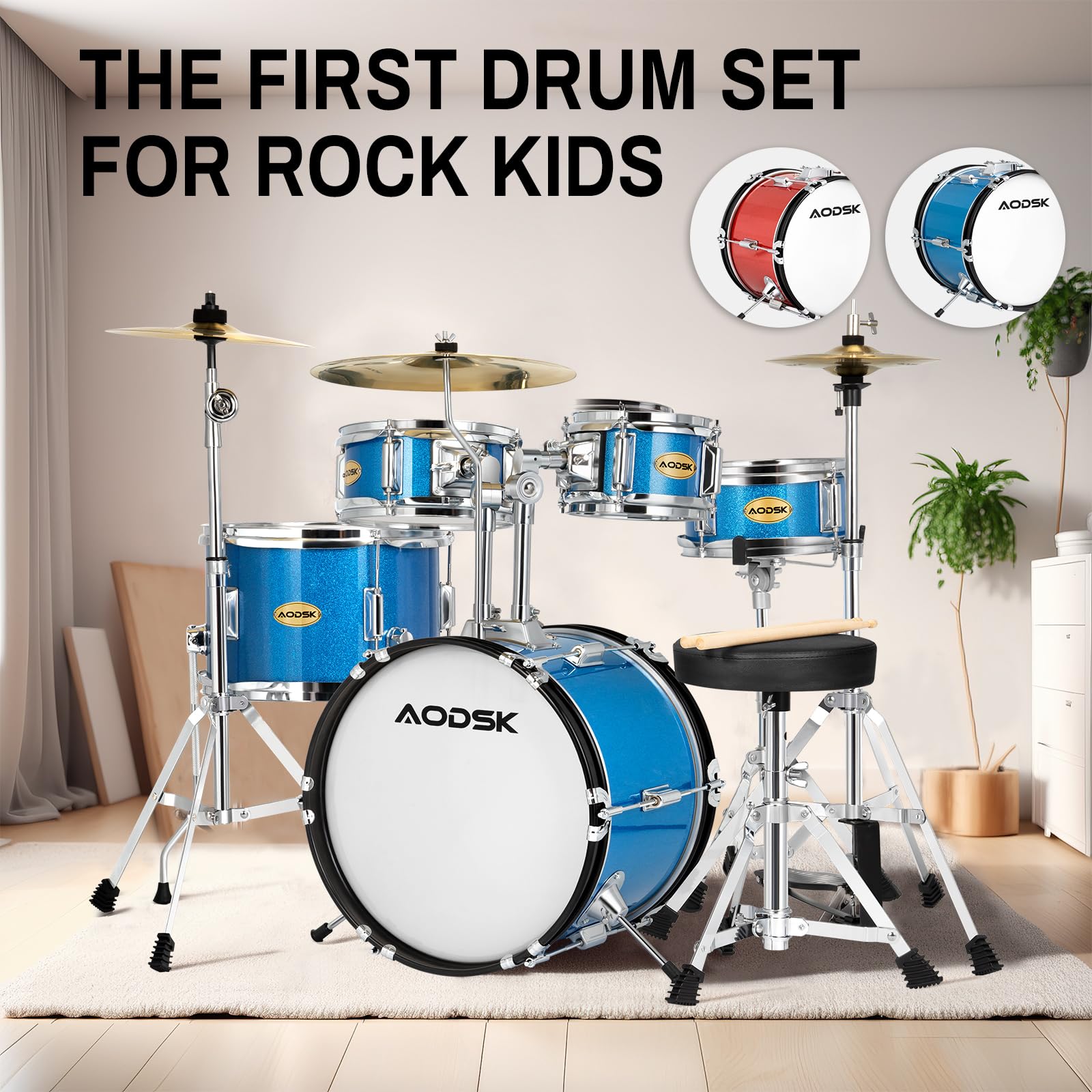 AODSK 5-Piece 14 Inch Beginner Drum Set with Throne, Cymbal Hi-Hat+Sticks