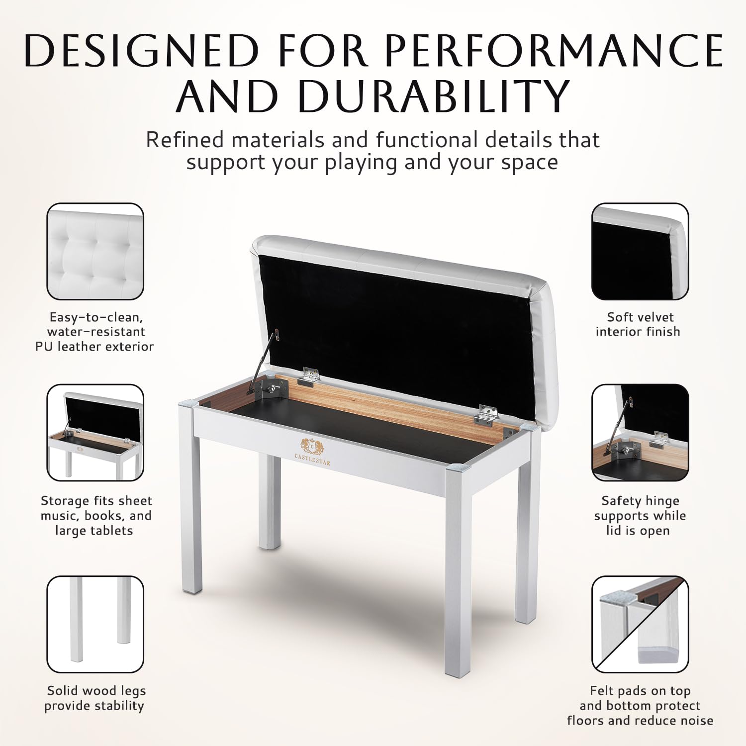 Castlestar Premium Duet Piano Bench with Storage – 3 Inches Plush PU Leather Seat, Solid Wooden Legs, Comfortable Piano Seat for Two – White
