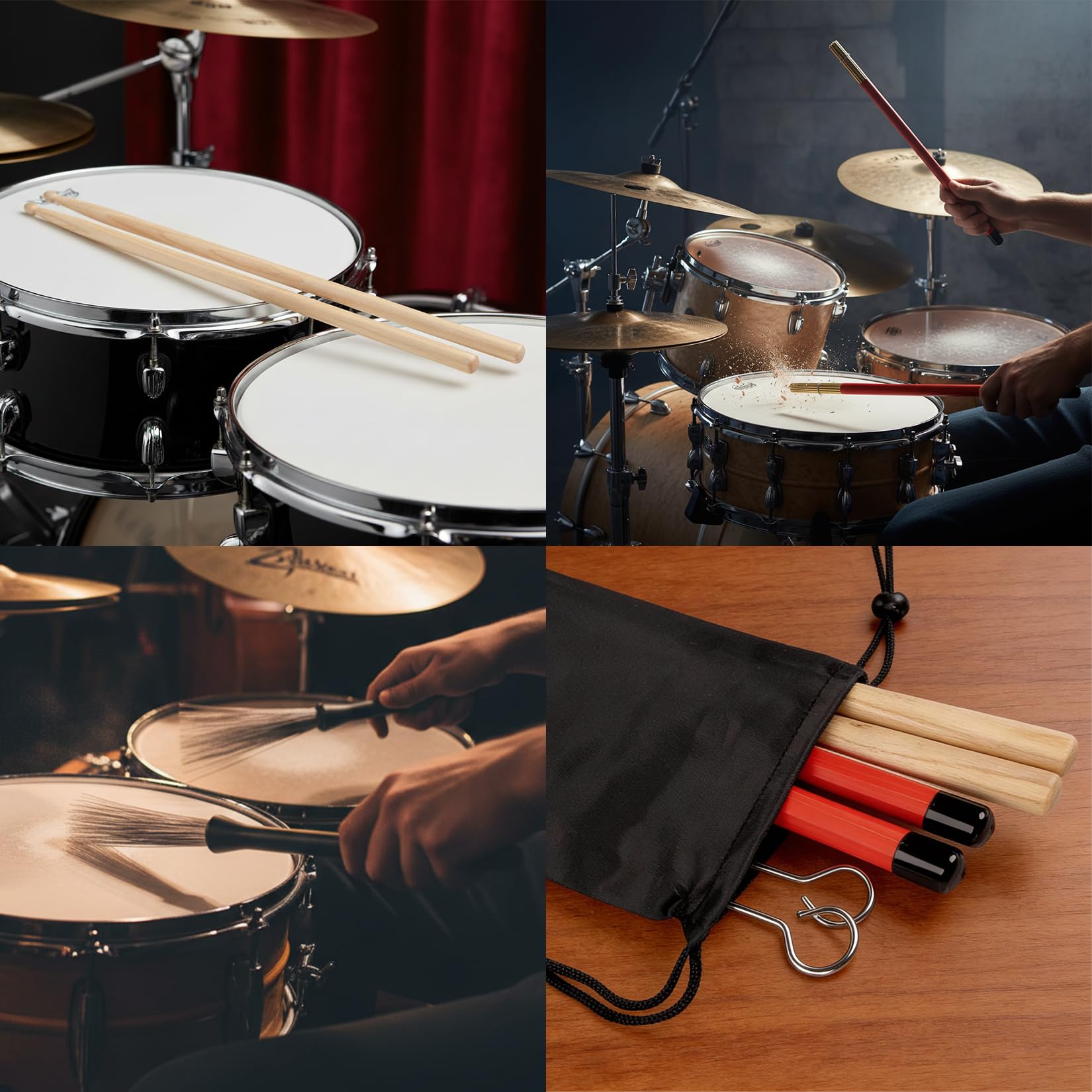 VixxNoxx Drum Sticks Kit – 5A, Retractable Drum Brushes, Rods Drum Brushes