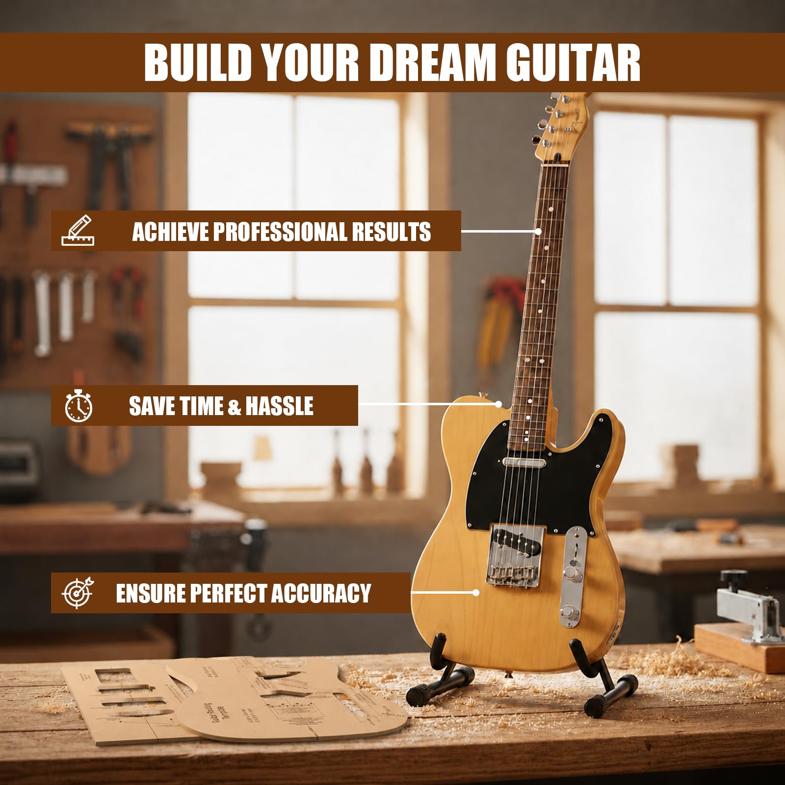 T-Style Guitar Body Routing Template Guide Kit, Precision Cut 1/4″ MDF Tools for DIY Electric Guitar Building