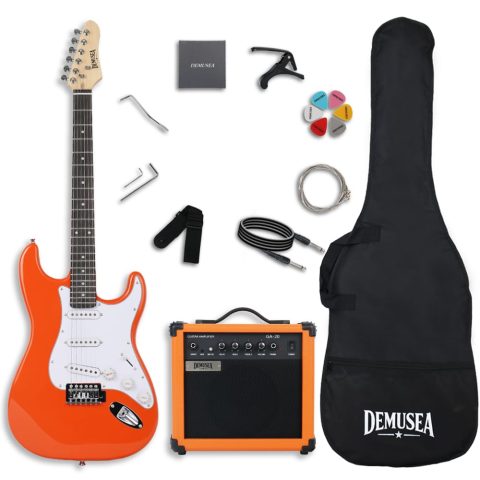 Demusea Orange Color Electric Guitar Kit With 20W Amplifier Set Single Tremolo SSS Pickup Gig Bag Beginner Starter Practice Bundel (ST, Orange)