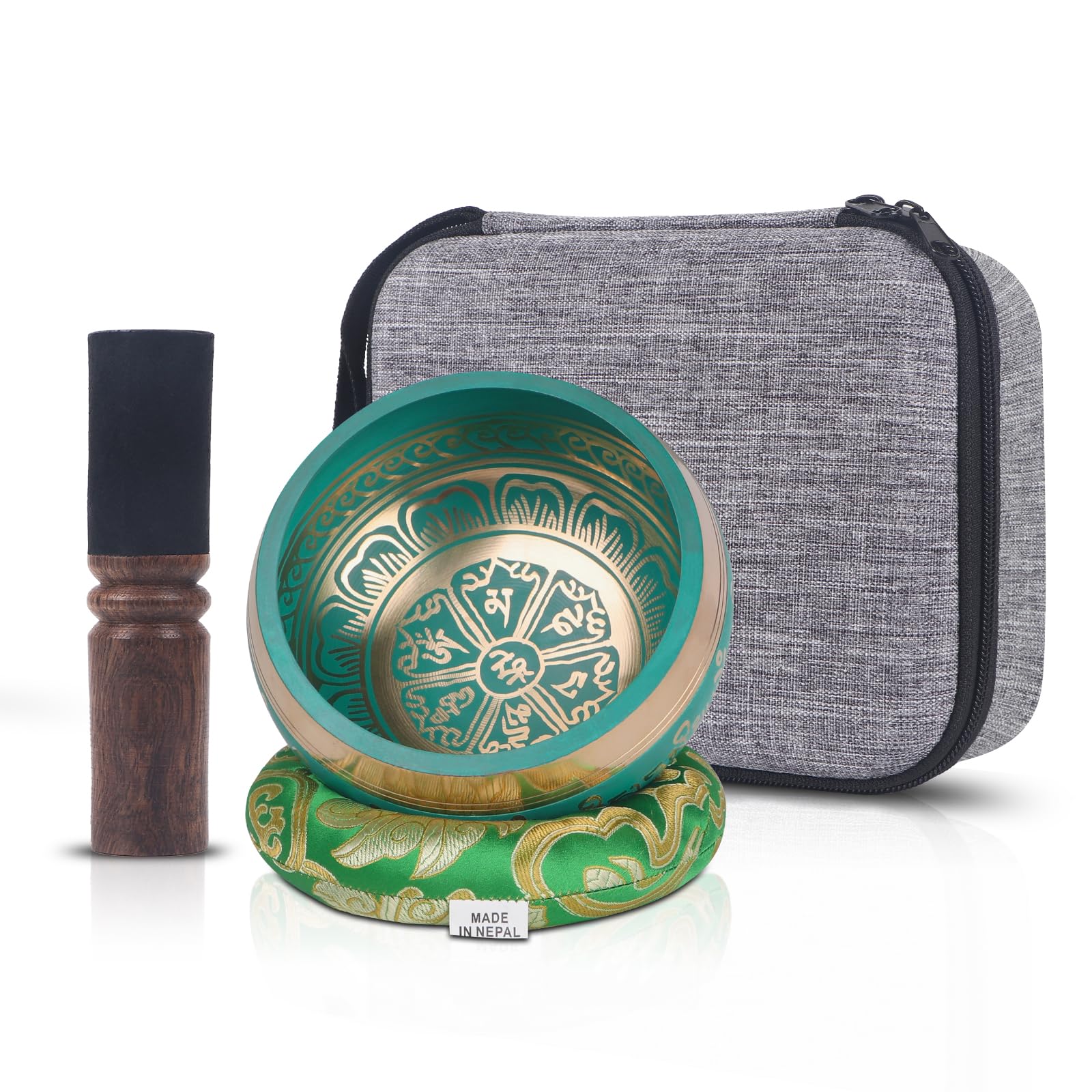 Kmise Tibetan Singing Bowls Set- Handmade in Nepal Meditation Sound Bowls for Yoga, Meditation, Mindfulness, Healing and Chakra Balancing, Stress Relief (5′, Green)