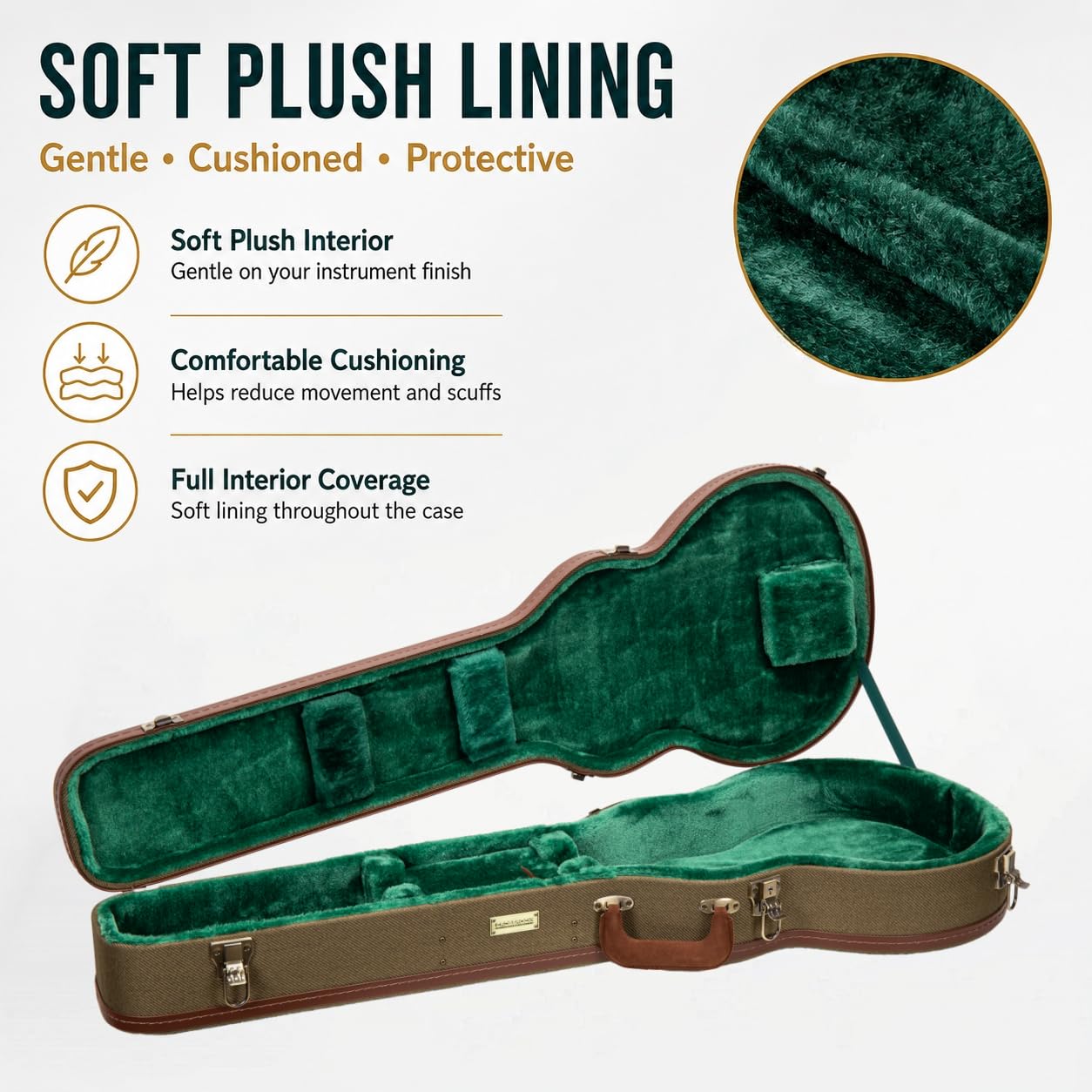 Crossrock Master Series Les Paul Electric Guitar Case | Olive Green Tweed Exterior, Re-Engineered Wooden Shell, Leather Handle & Forest Green Velvet Interio(CRW720LOG)