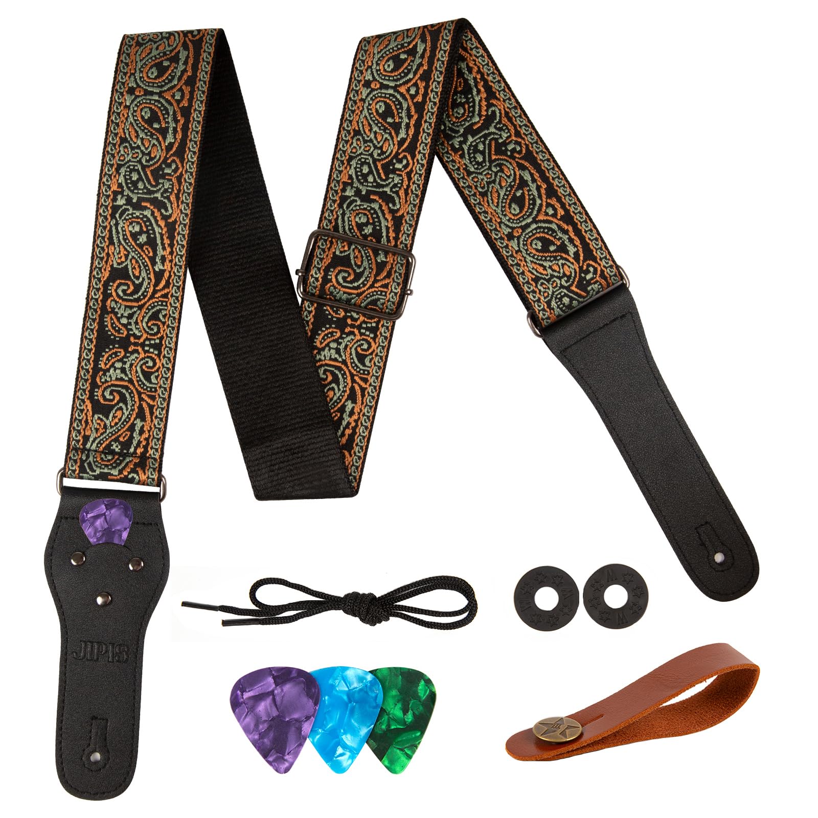 JIPIS Embroidered Cotton Guitar Strap – Adjustable Length with Anti Slip Buckles, 3 Guitar Picks (GS-08-3 Military Green Embroidery)