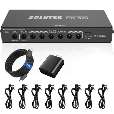 Solutek Rechargeable Guitar Pedal Power Supply | 12800 High-Current 2000mA 9V 12V 18V 5V for Pedal Board and More Devices | Compact Convenient Quiet Powerful Model PB-051