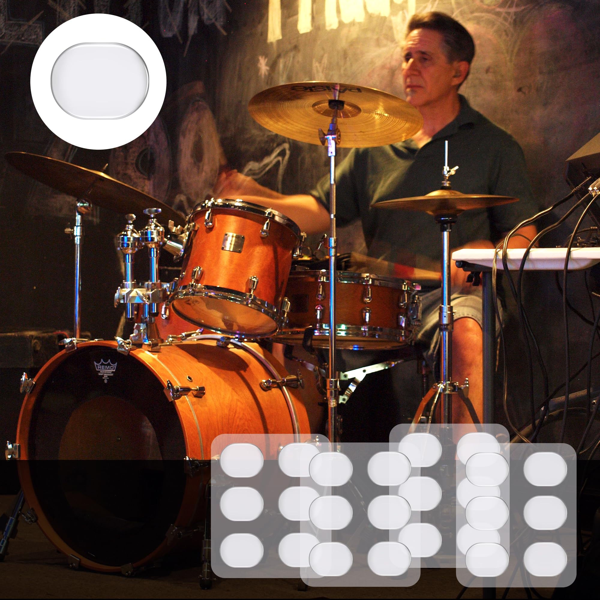 Drum Damper Gel Pads, 24pcs Round and 2pcs Transparent Silicone Drum Mufflers Strong Adhesive Drum Mute Pads Soft Drum Dampening Gel Pads for Snare, Drum Cymbal Tone Control Overtone Resonance